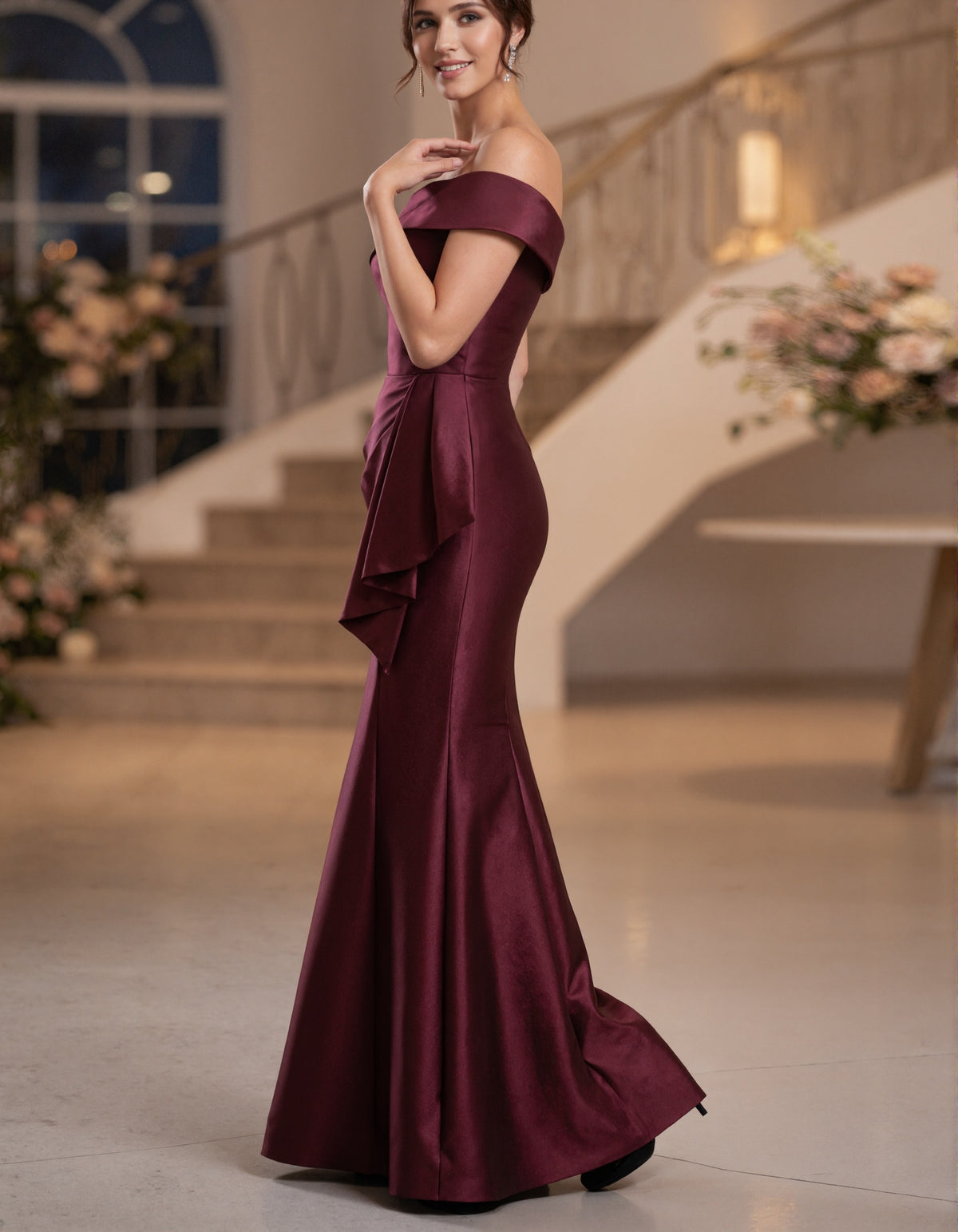 Burgundy Satin Off The Shoulder Mermaid Maxi Dress