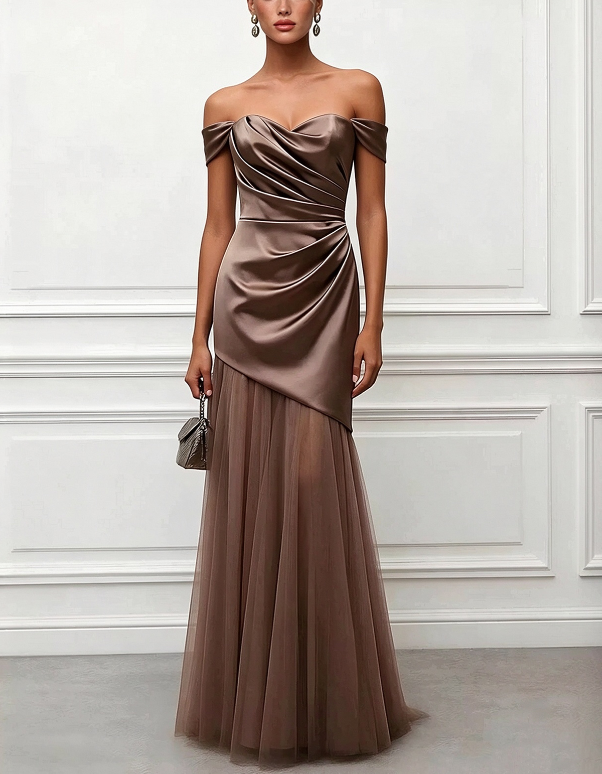 Off Shoulder Sweetheart Satin Tulle Maxi Dress
