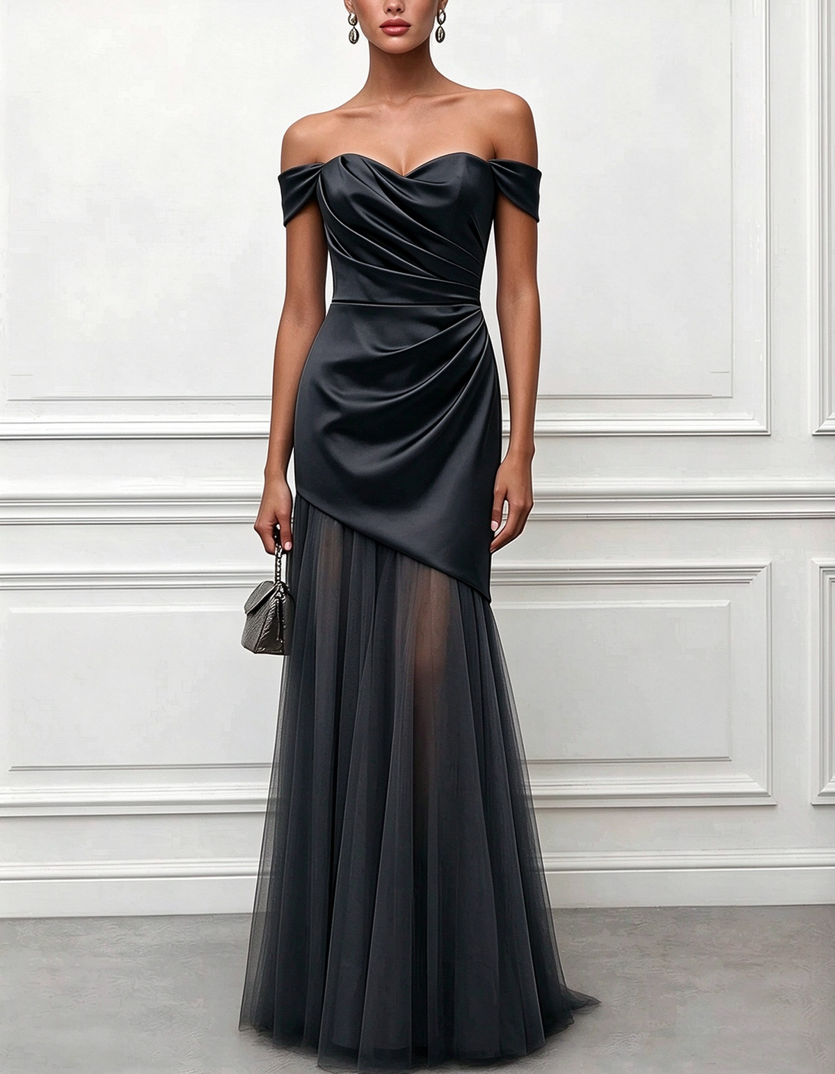 Off Shoulder Sweetheart Satin Tulle Maxi Dress