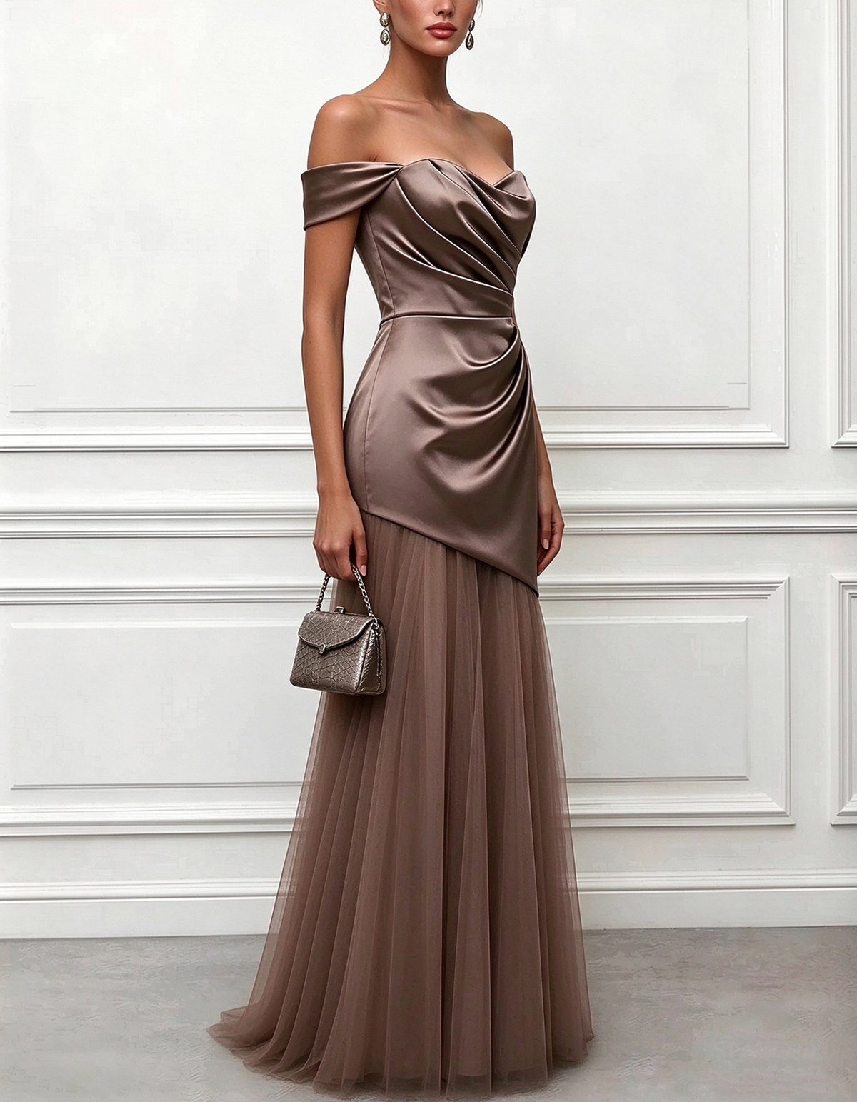 Off Shoulder Sweetheart Satin Tulle Maxi Dress