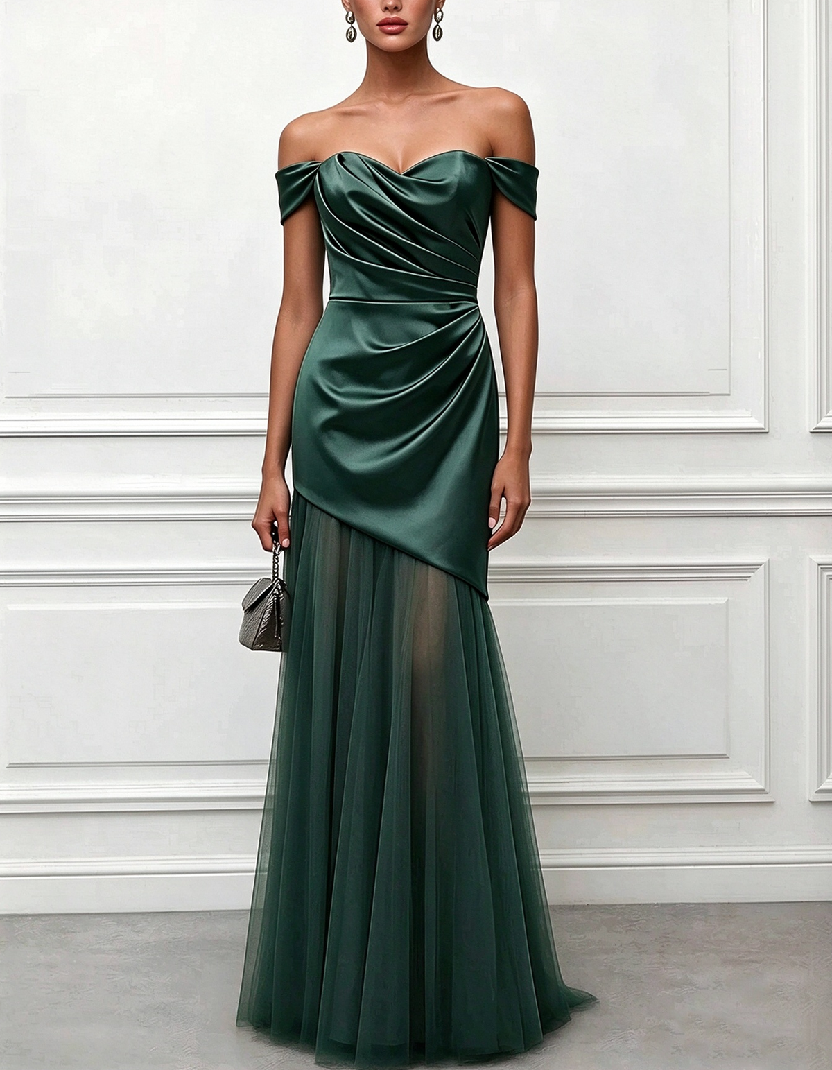 Off Shoulder Sweetheart Satin Tulle Maxi Dress