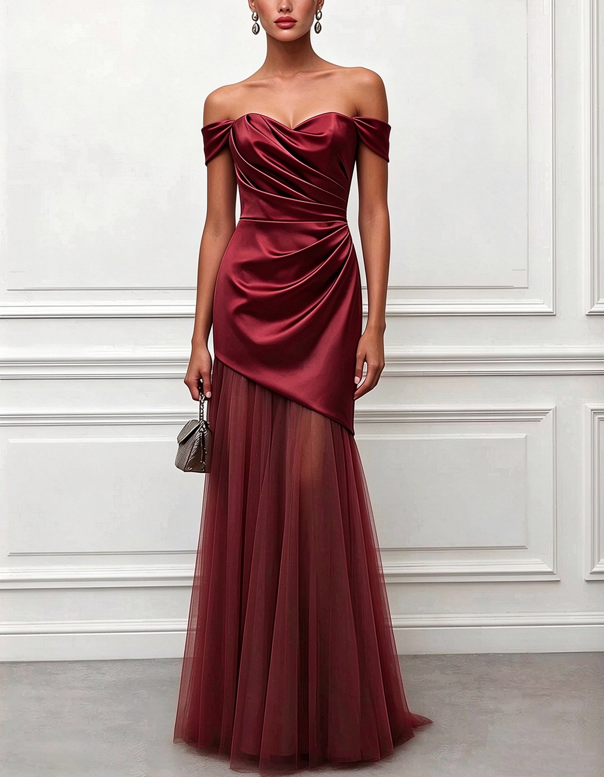 Off Shoulder Sweetheart Satin Tulle Maxi Dress