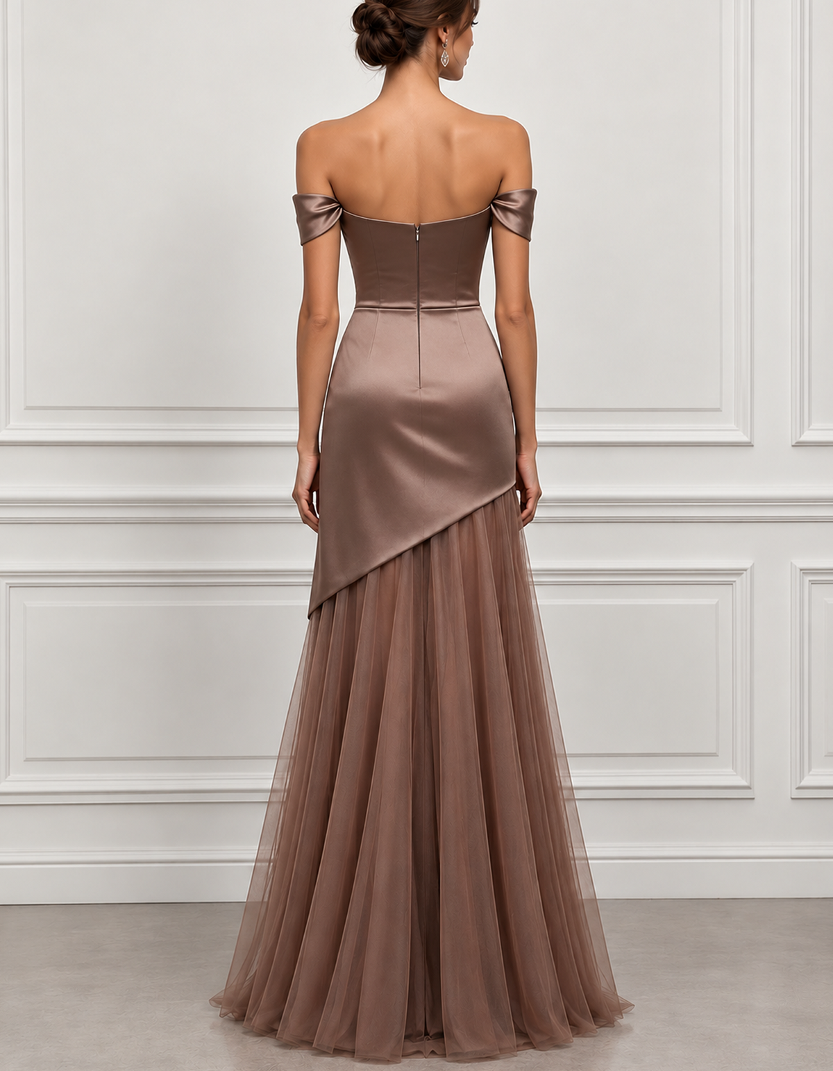 Off Shoulder Sweetheart Satin Tulle Maxi Dress