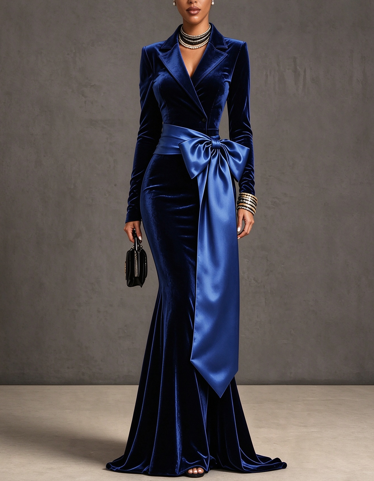 Velvet Satin Bow Waist Mermaid Maxi Dress