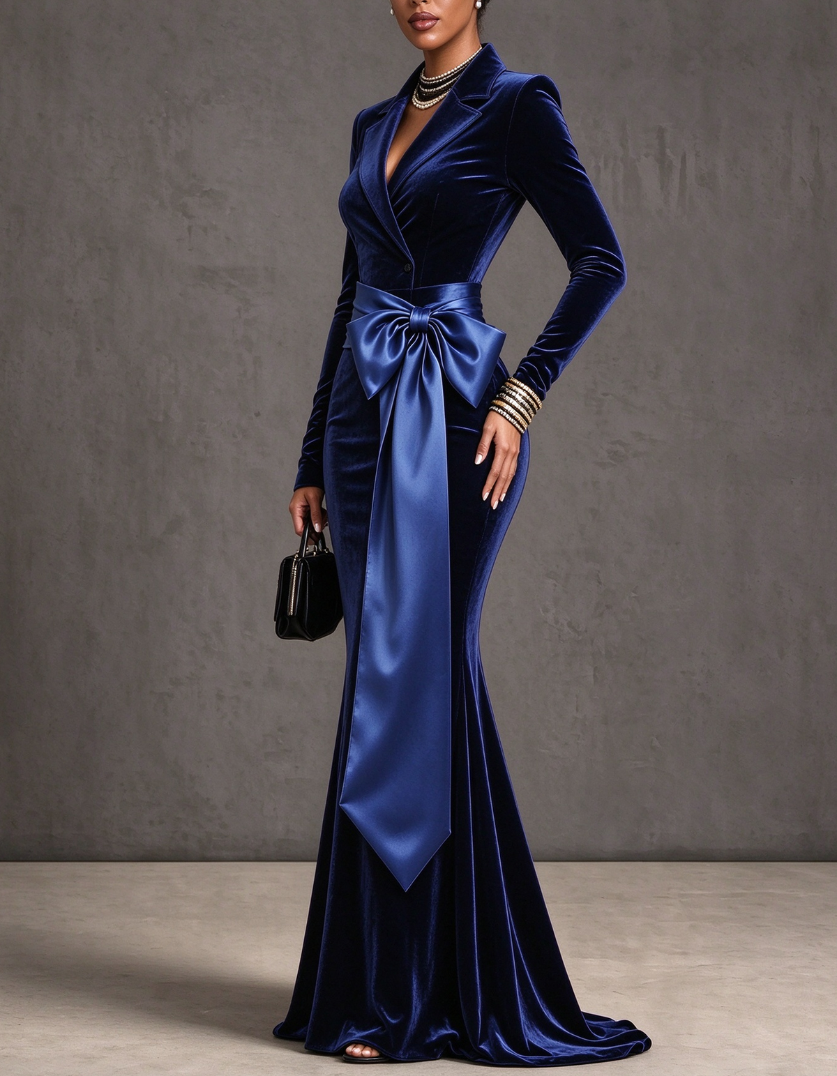 Velvet Satin Bow Waist Mermaid Maxi Dress