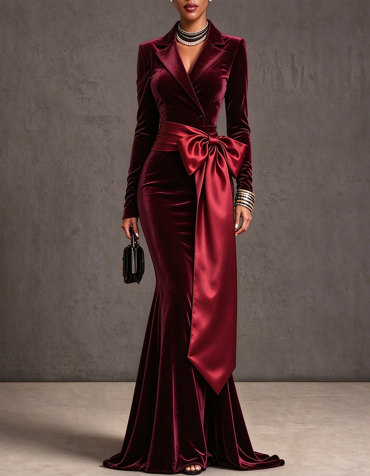 Velvet Satin Bow Waist Mermaid Maxi Dress