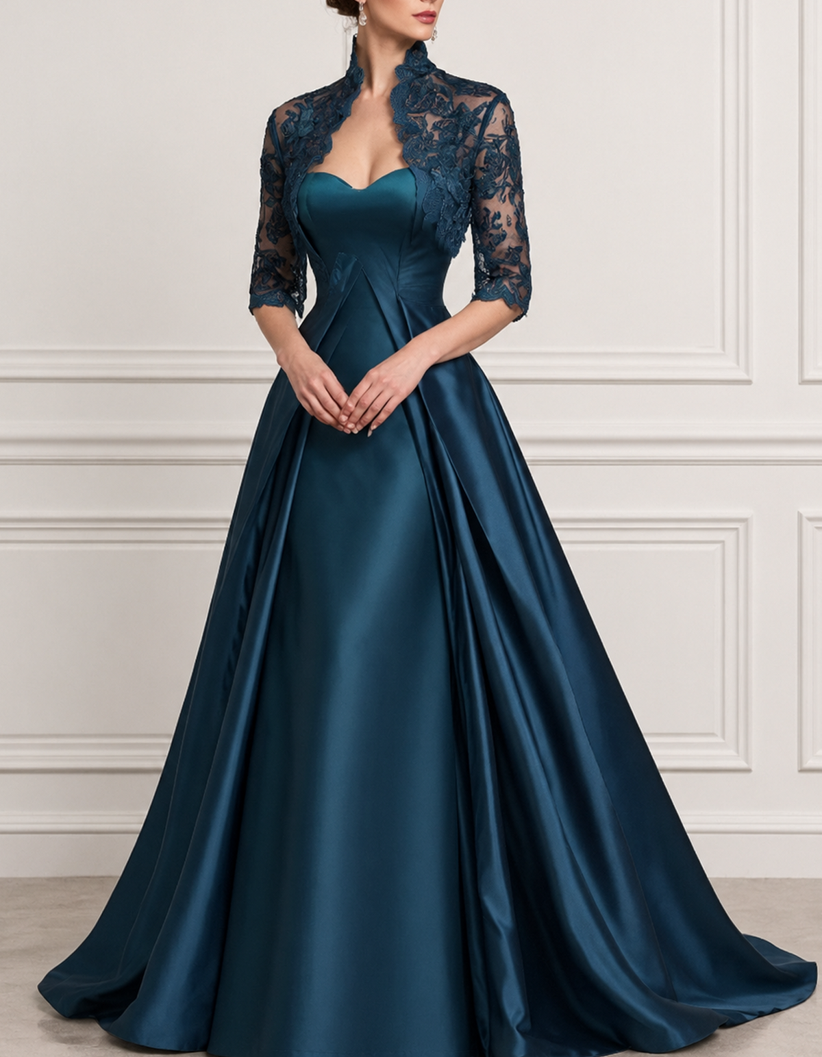 Lace Satin Sweetheart A-Line Evening Gown Maxi Dress