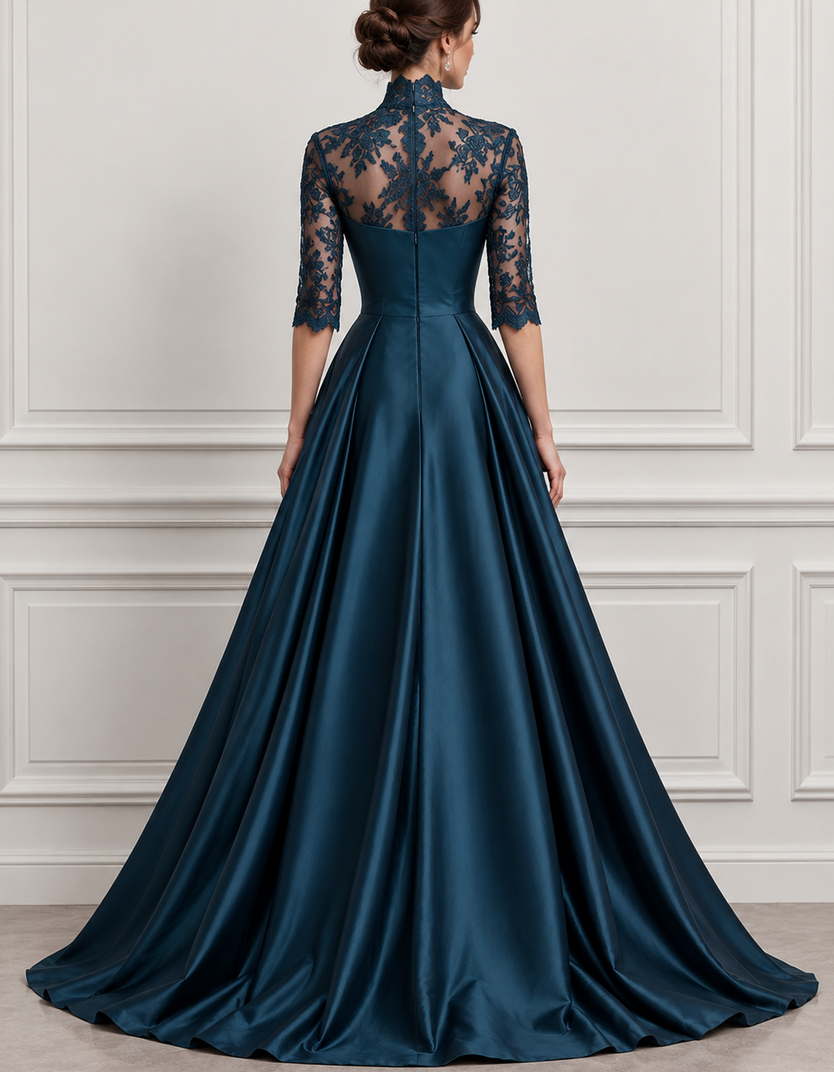 Lace Satin Sweetheart A-Line Evening Gown Maxi Dress
