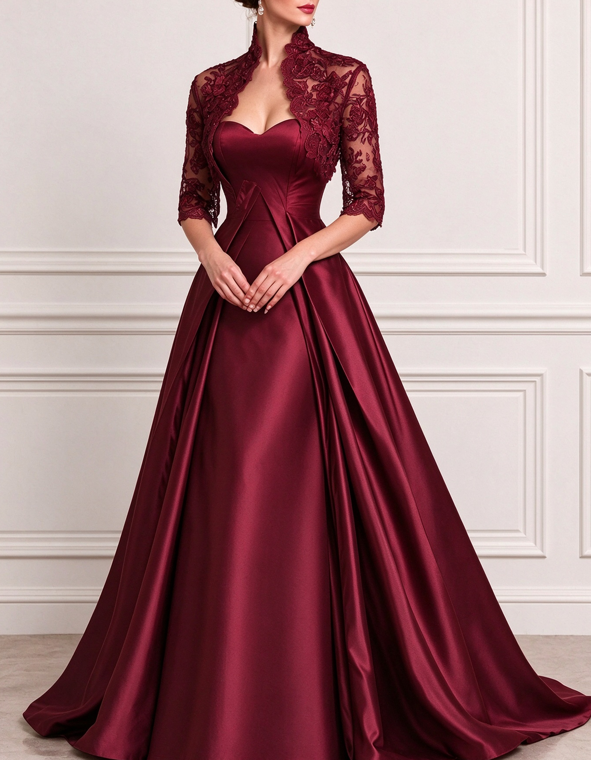 Lace Satin Sweetheart A-Line Evening Gown Maxi Dress
