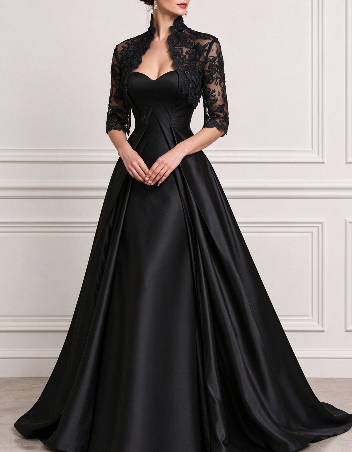 Lace Satin Sweetheart A-Line Evening Gown Maxi Dress