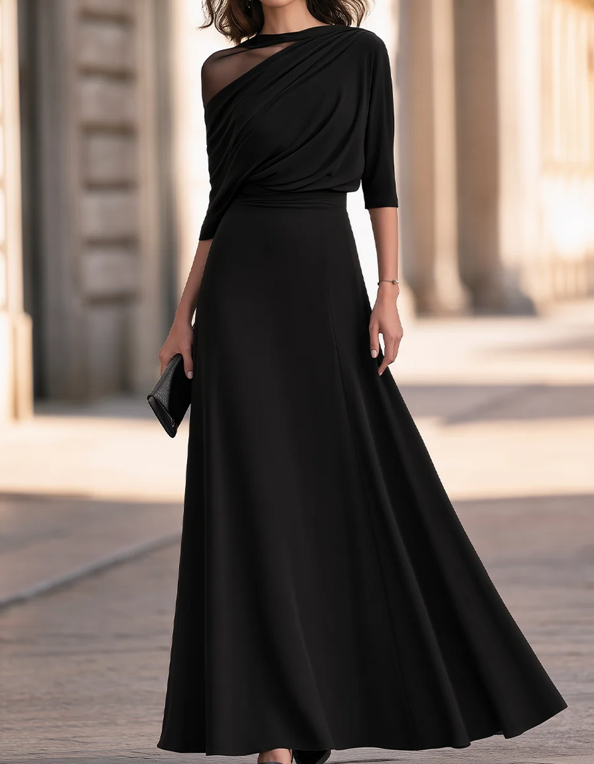 Black Asymmetrical Draped A-Line Maxi Dress