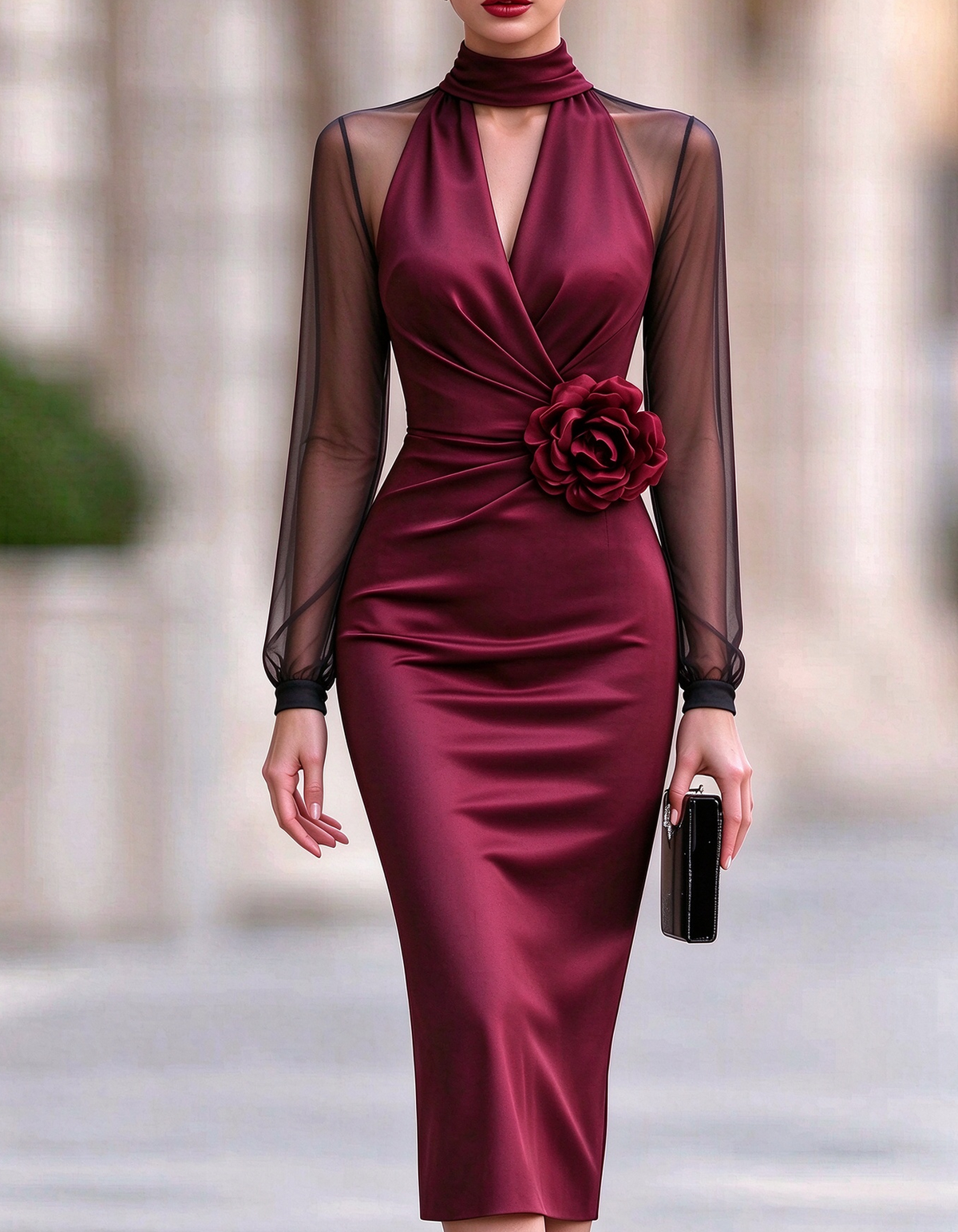 Sheer Mesh Long Sleeve Satin with 3D Waist Flower Midi Dress