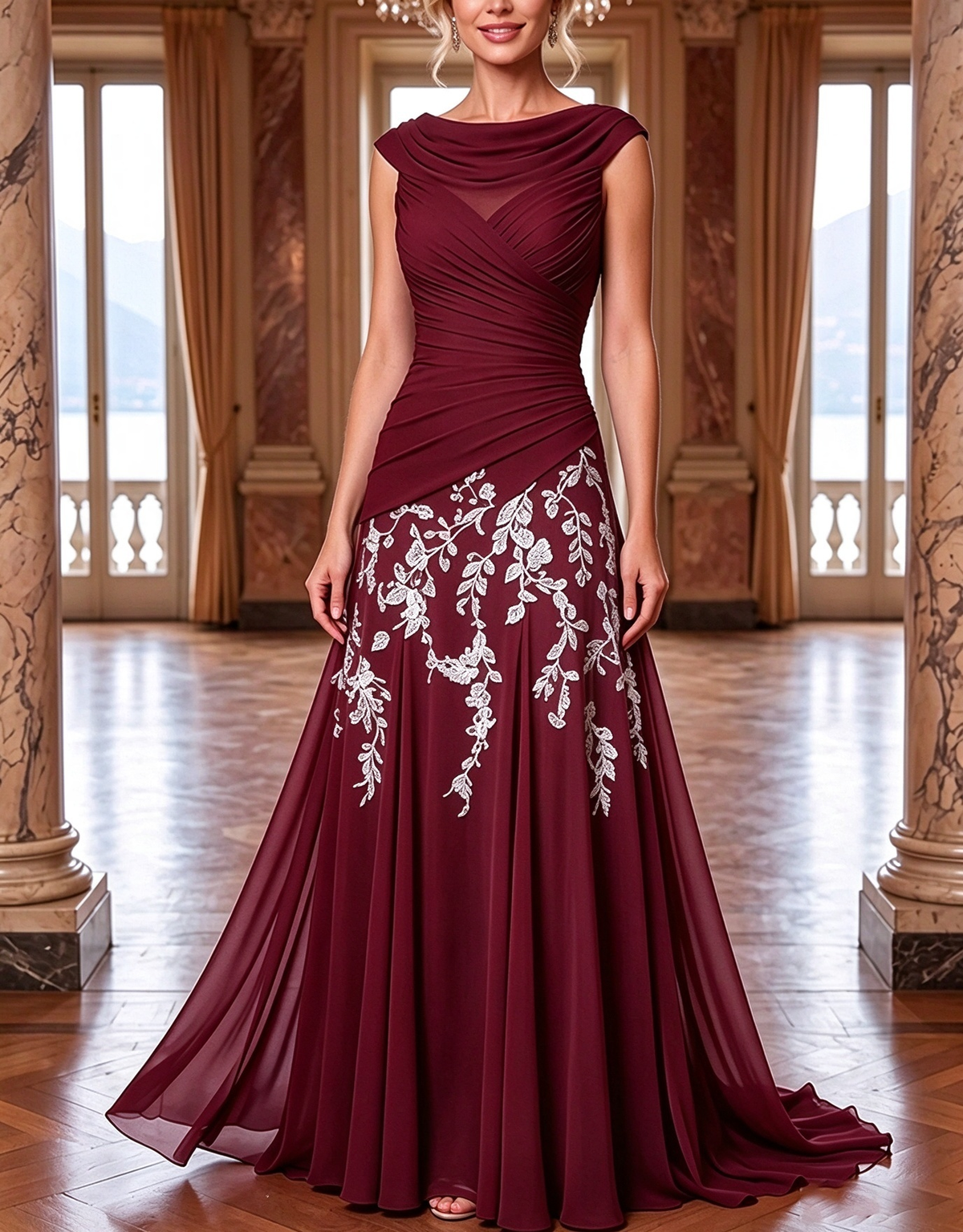 Chiffon Cowl Cap Sleeve Ruched Floral Embroidery A‑Line Maxi Dress