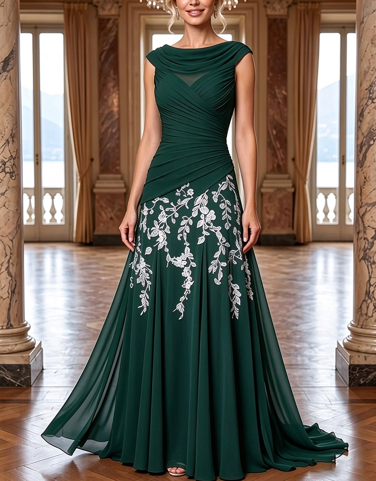 Chiffon Cowl Cap Sleeve Ruched Floral Embroidery A‑Line Maxi Dress