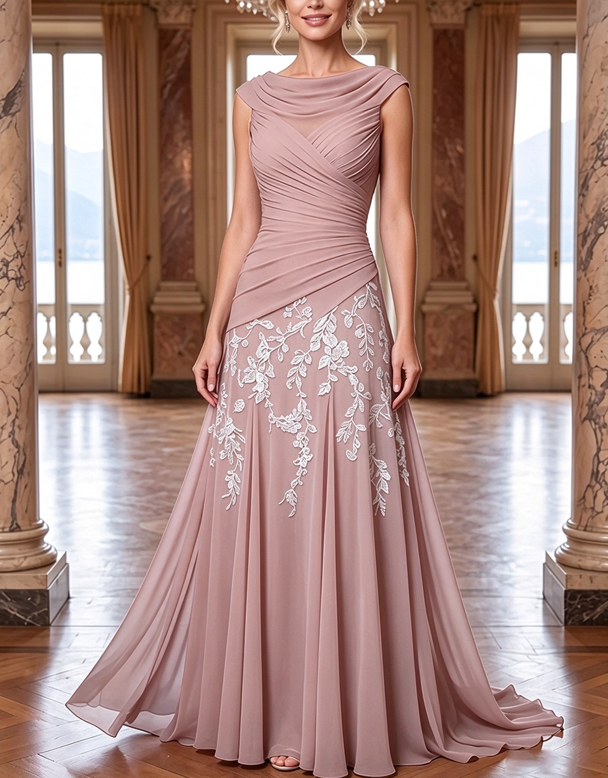 Chiffon Cowl Cap Sleeve Ruched Floral Embroidery A‑Line Maxi Dress