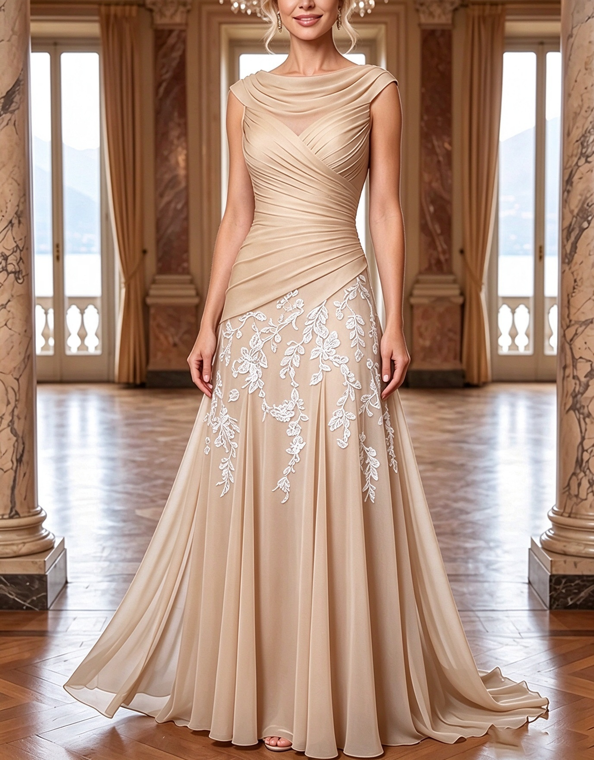 Chiffon Cowl Cap Sleeve Ruched Floral Embroidery A‑Line Maxi Dress