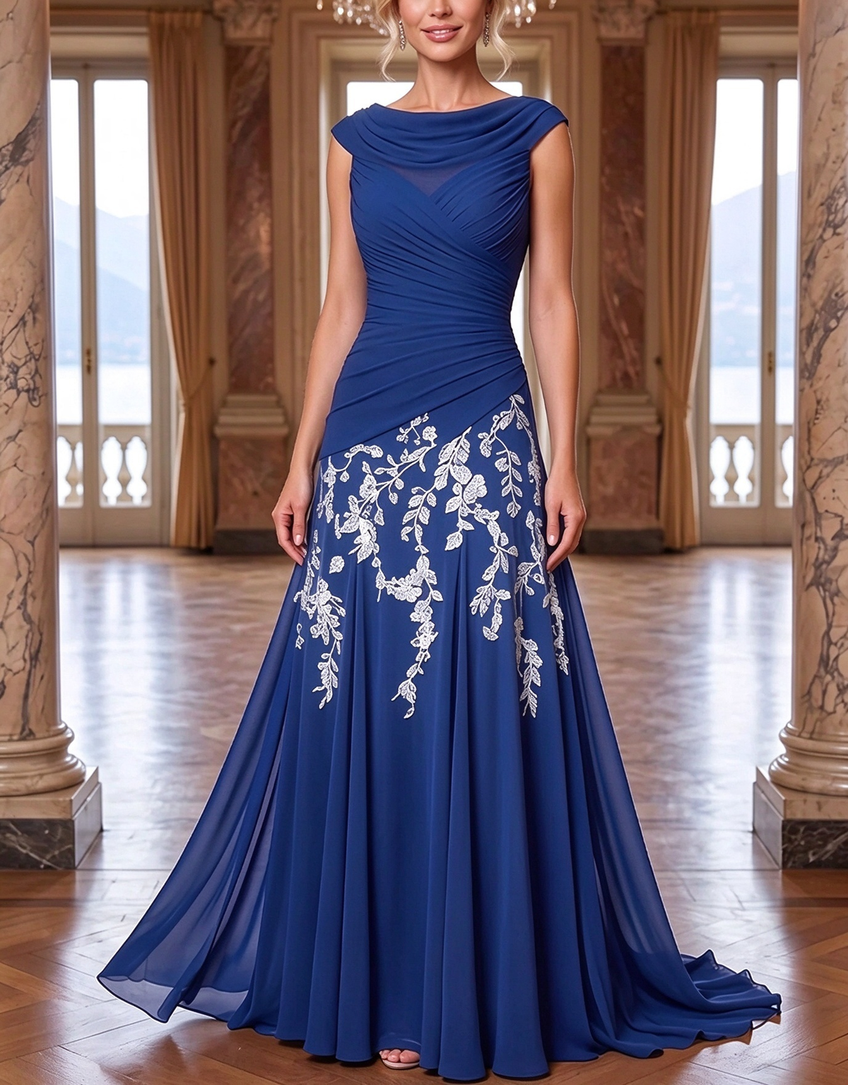 Chiffon Cowl Cap Sleeve Ruched Floral Embroidery A‑Line Maxi Dress