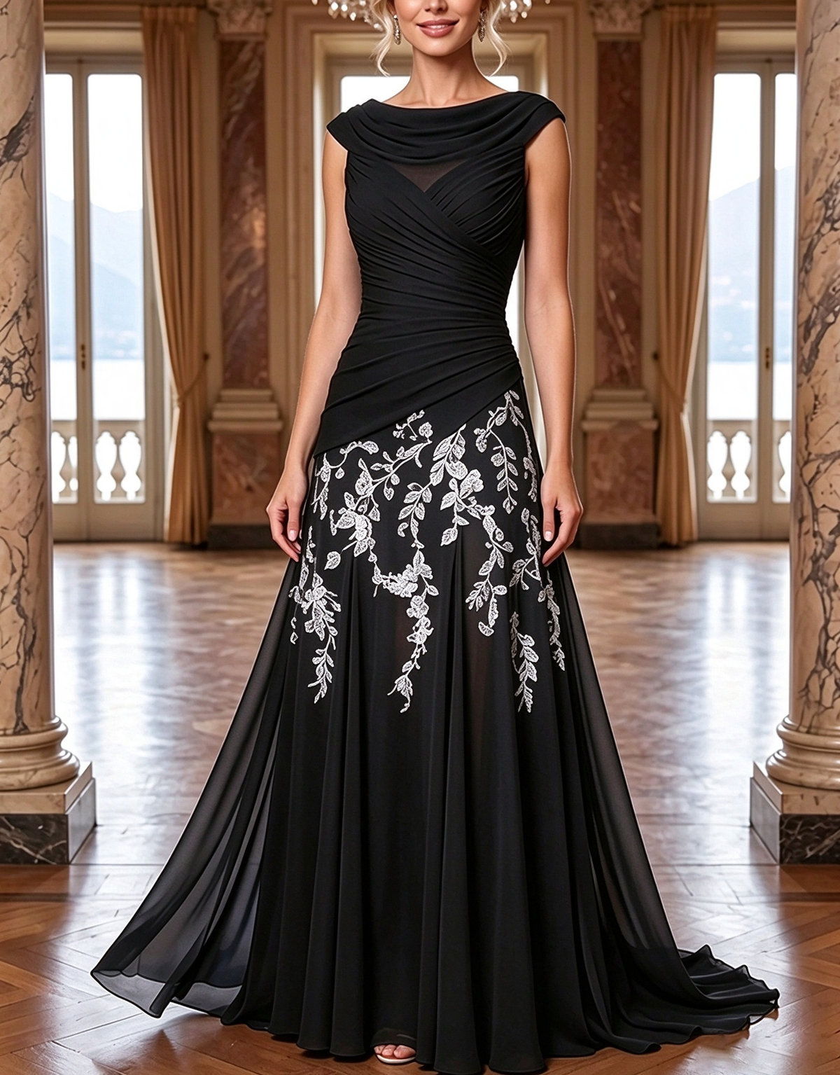 Chiffon Cowl Cap Sleeve Ruched Floral Embroidery A‑Line Maxi Dress