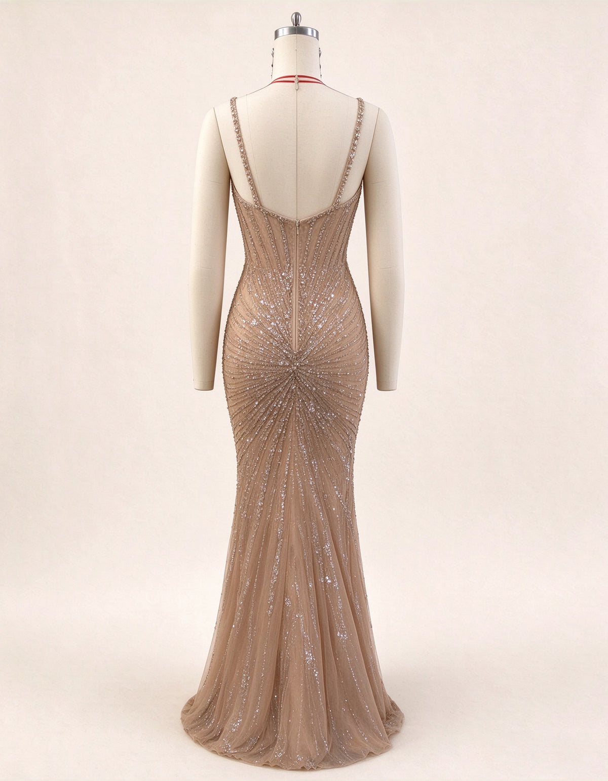Champagne Beaded Mermaid Evening Gown
