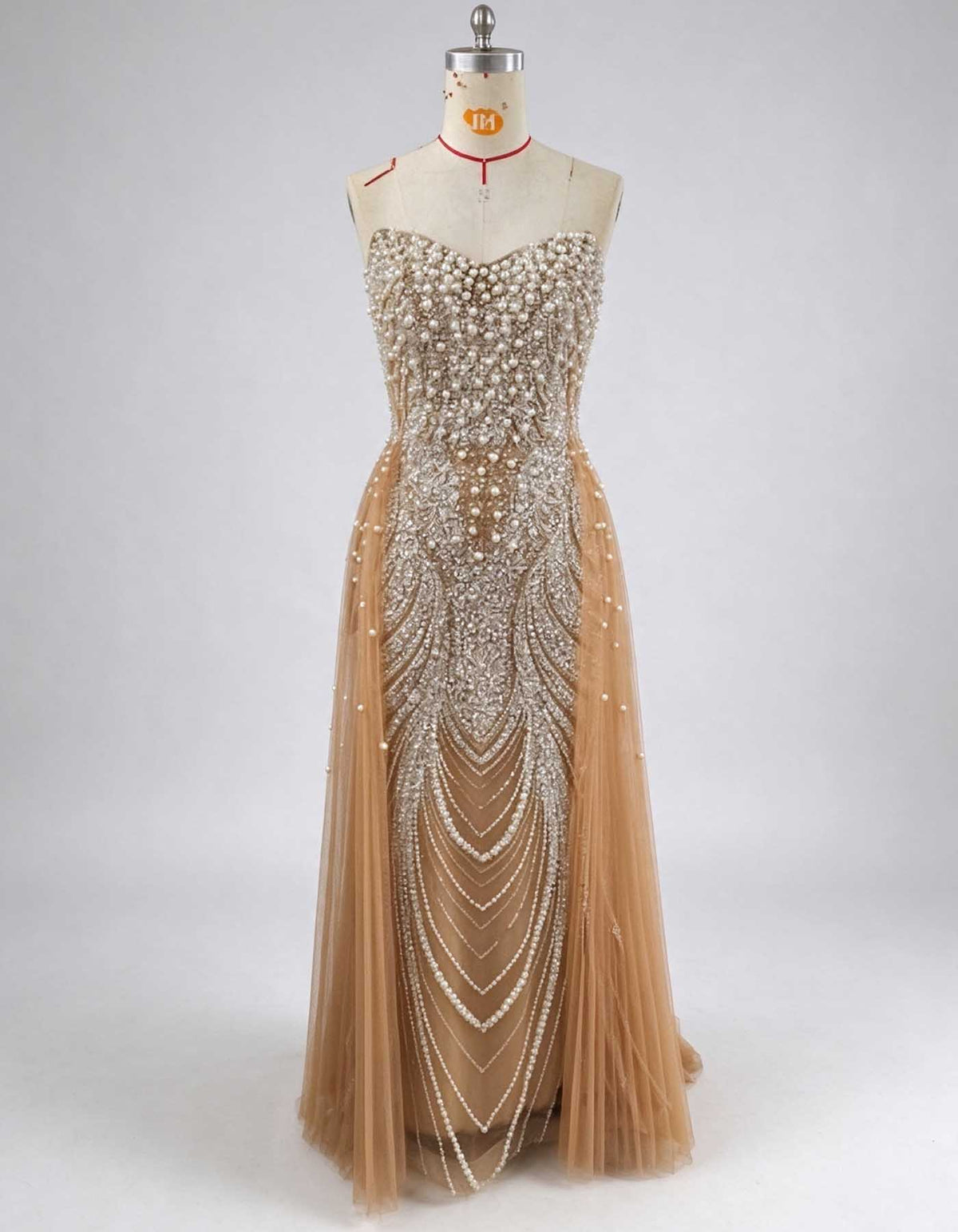 Champagne Strapless Pearl Rhinestone Beaded A-Line Evening Gown
