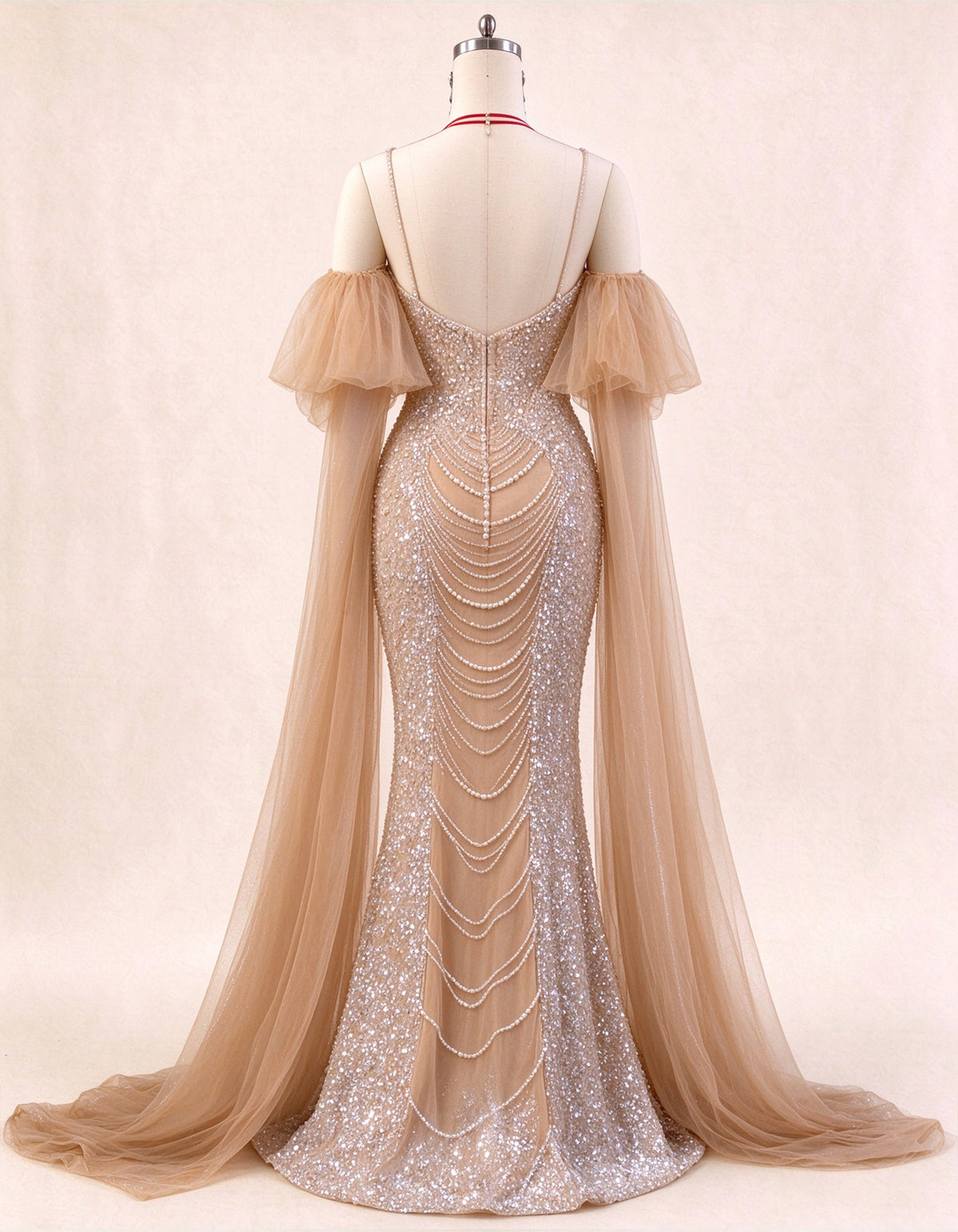 Champagne Colored Pearl Beaded Mermaid Evening Gown