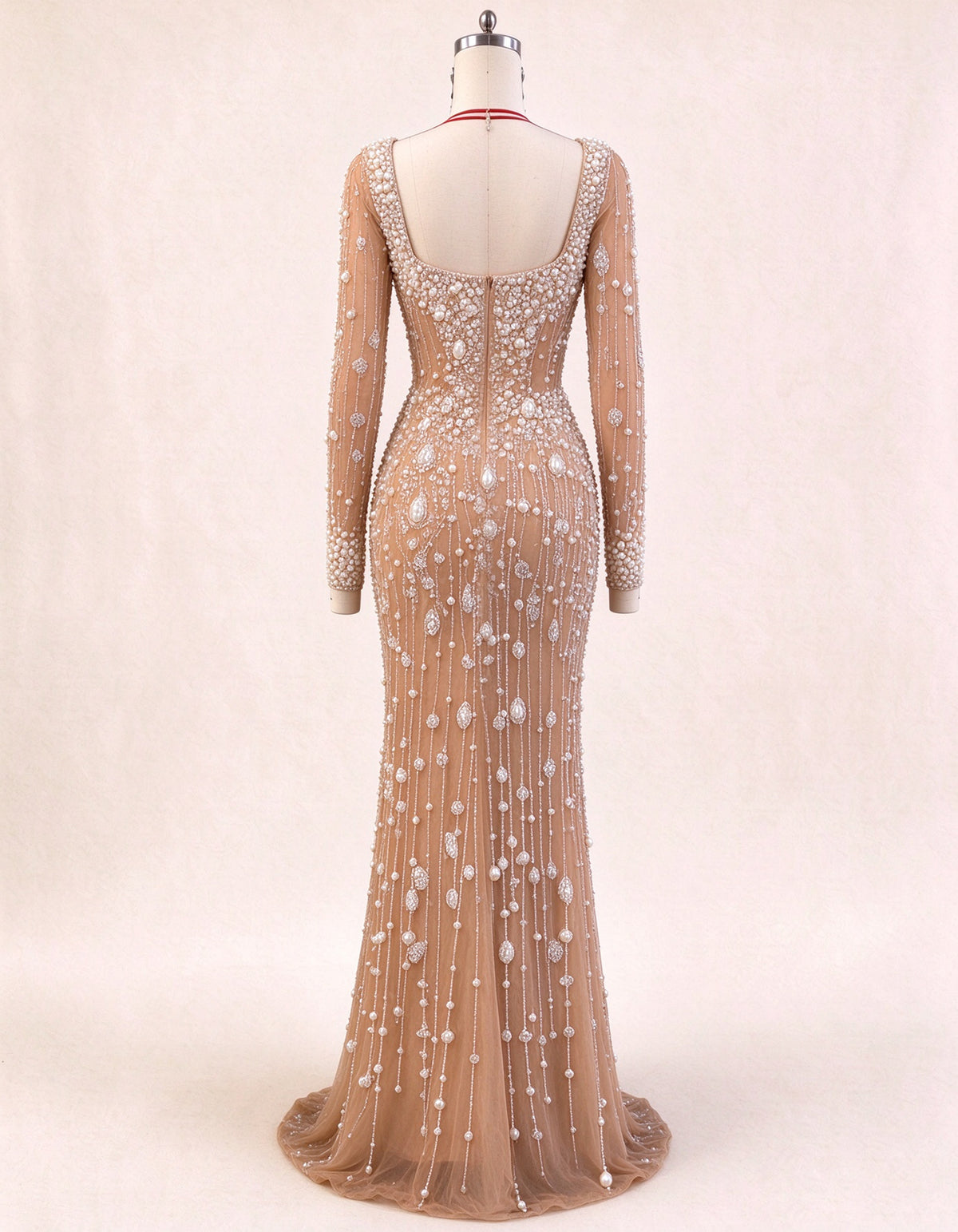 Champagne Colored Beaded Mermaid Evening Gown