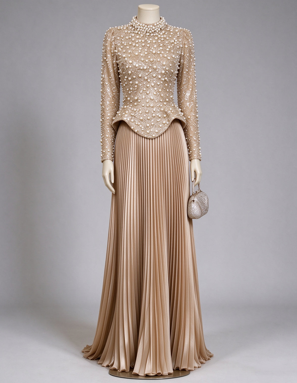 Champagne High Neck Pearl Beaded Pleated Maxi Dress