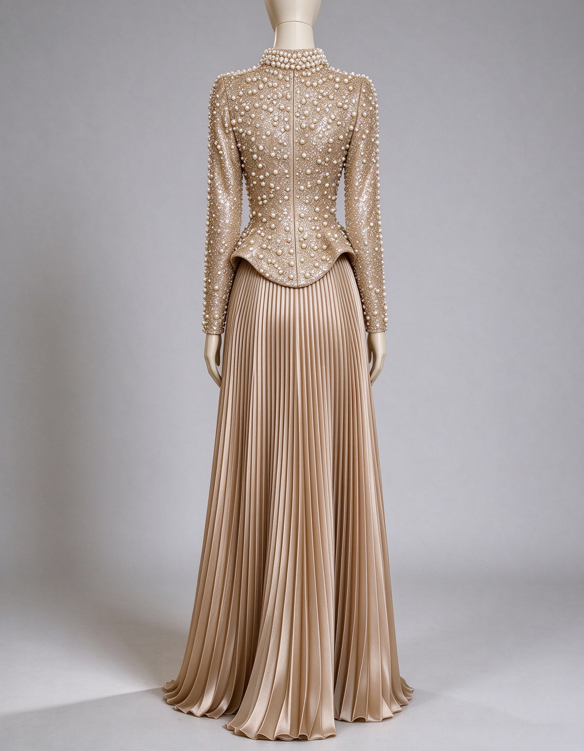 Champagne High Neck Pearl Beaded Pleated Maxi Dress