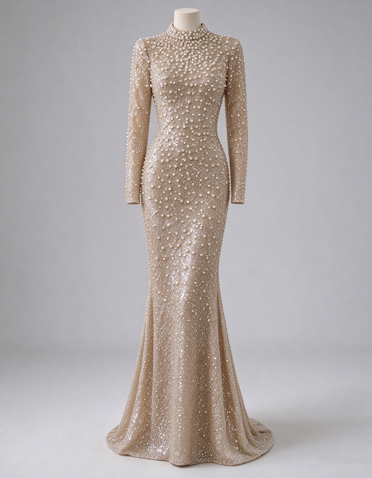 Champagne High Neck Pearl Beaded Mesh Maxi Dress