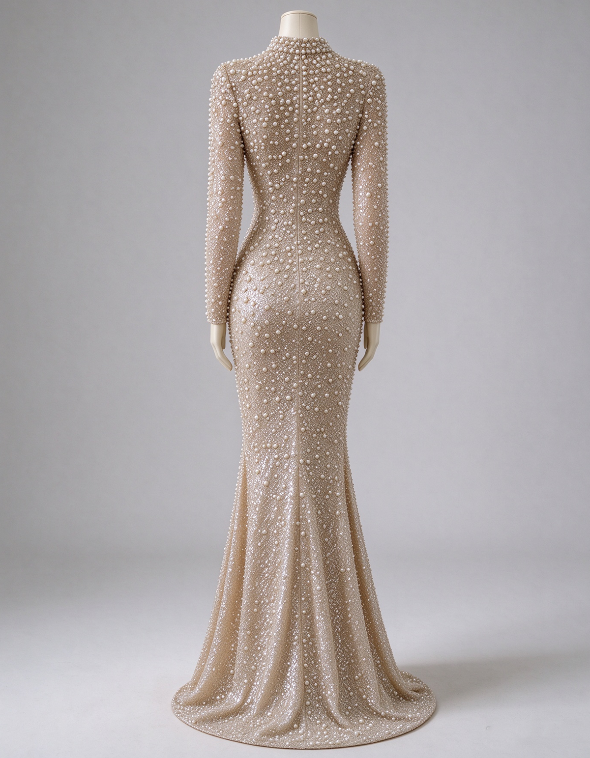 Champagne High Neck Pearl Beaded Mesh Maxi Dress