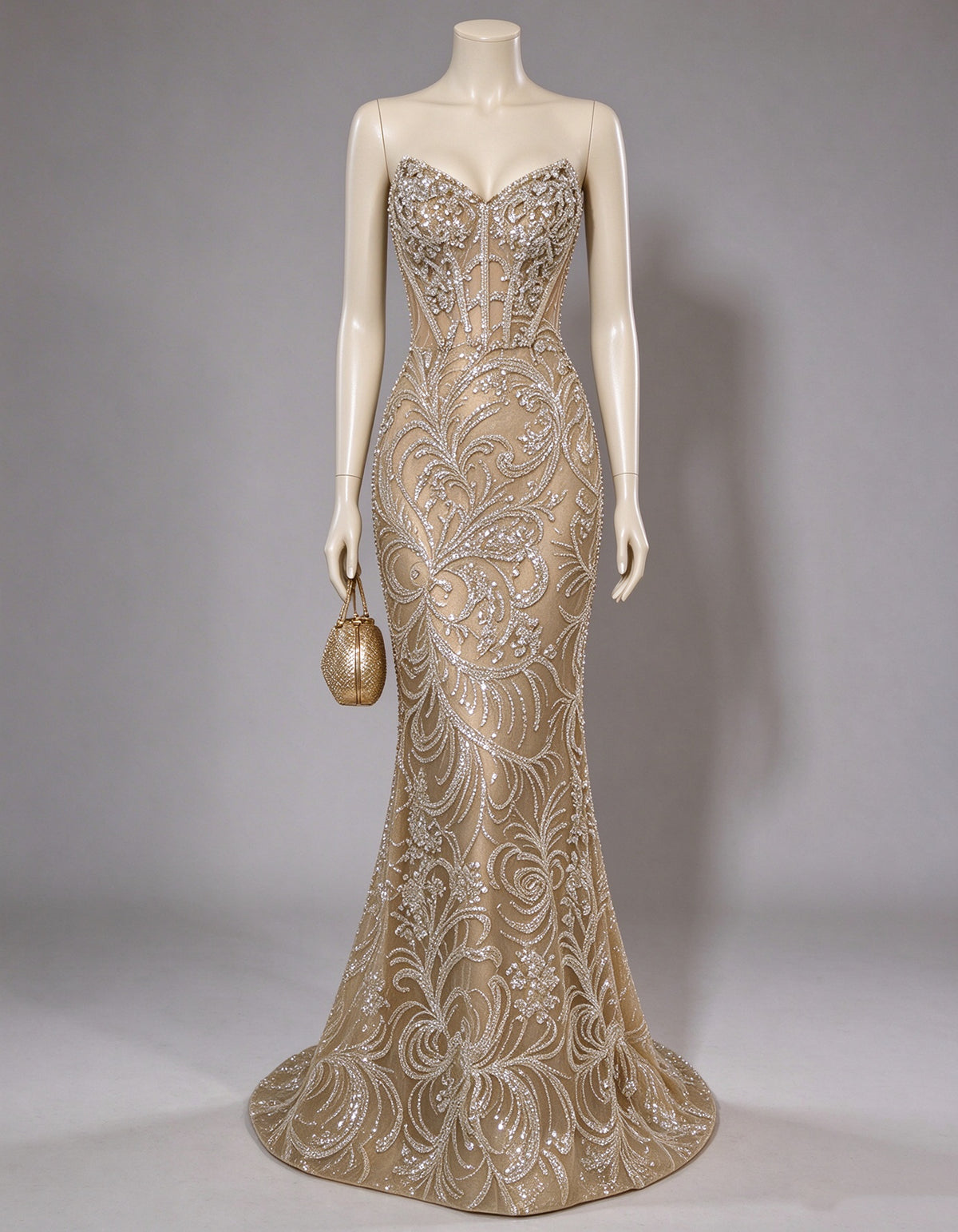 Champagne Strapless Sweetheart Beaded Sequin Mesh Maxi Dress