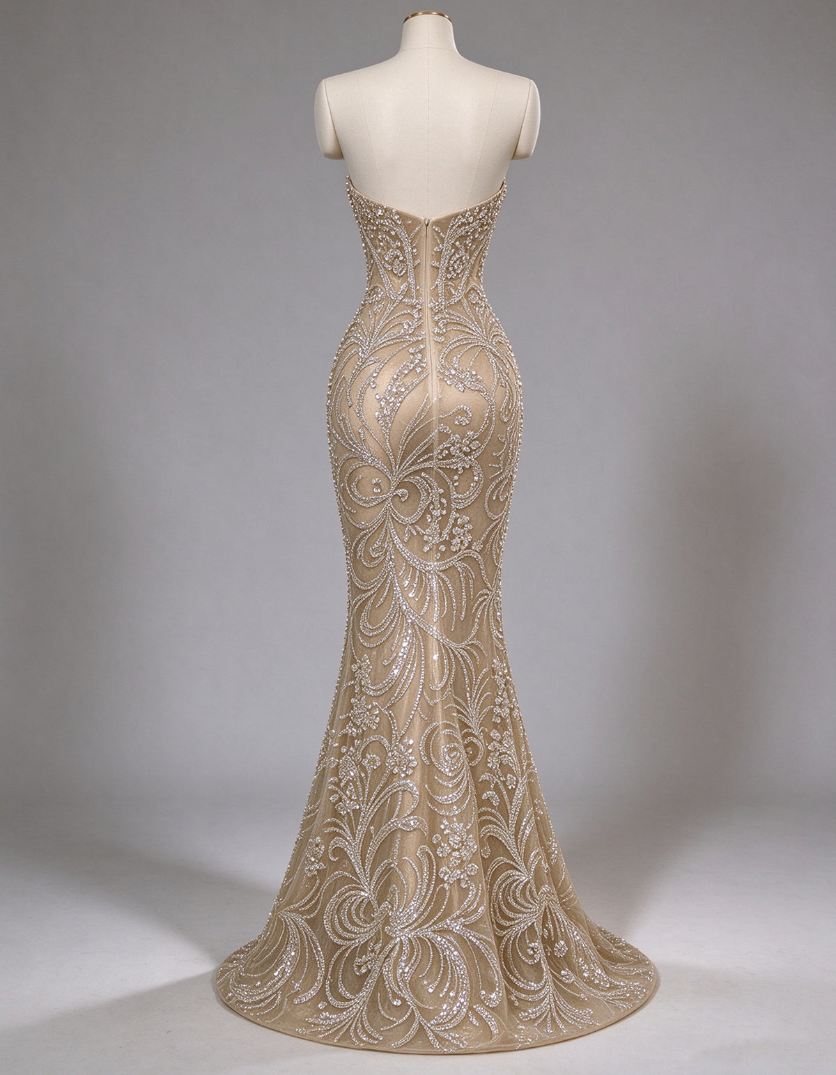 Champagne Strapless Sweetheart Beaded Sequin Mesh Maxi Dress