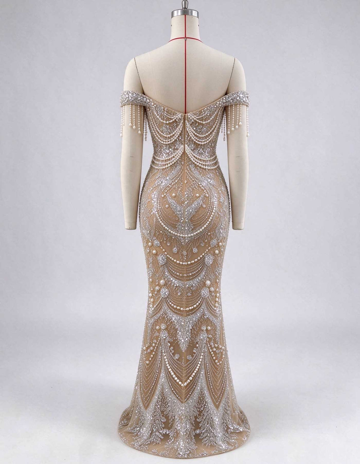 Nude Off Shoulder Fringe Pearl Rhinestone Beaded Evening Gown