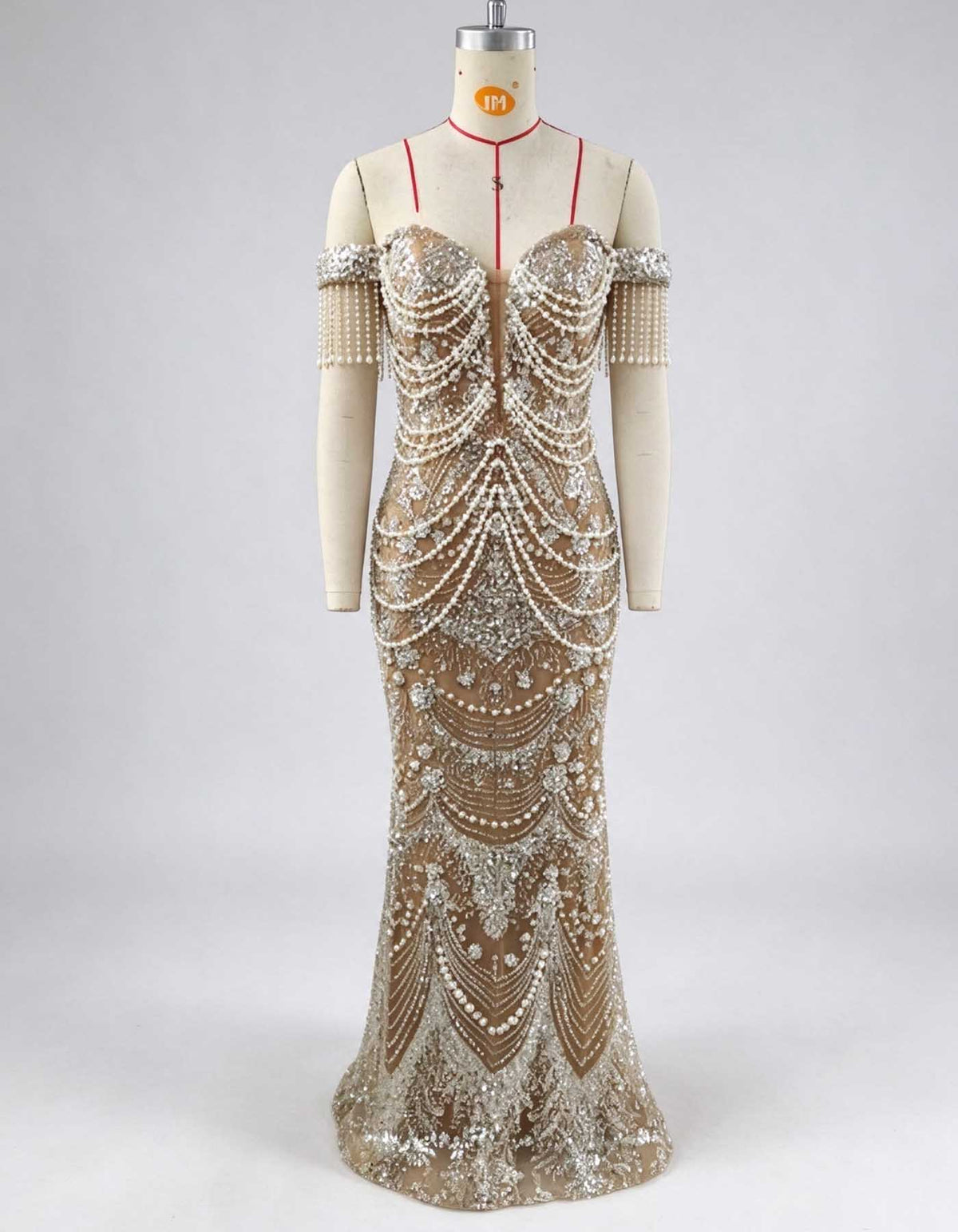 Nude Off Shoulder Fringe Pearl Rhinestone Beaded Evening Gown