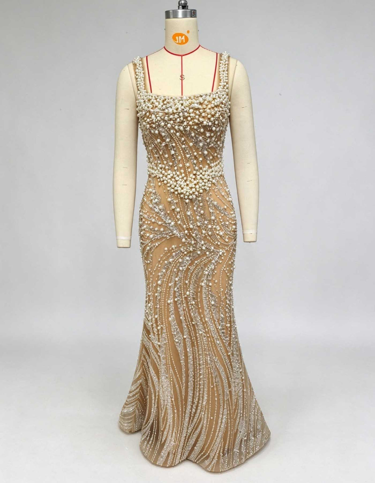 Nude Square Neck Beaded Pearl Rhinestone Evening Gown