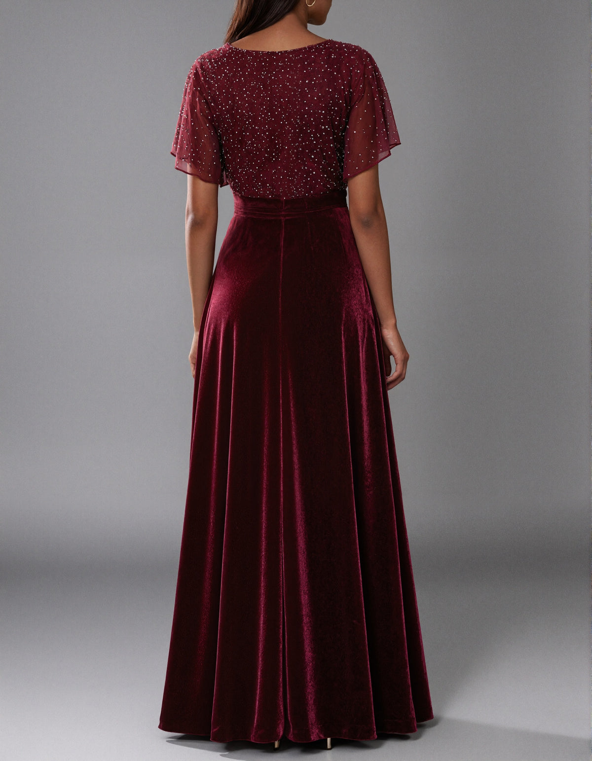 Burgundy Sequin Paneled Crew Neck Maxi Dress