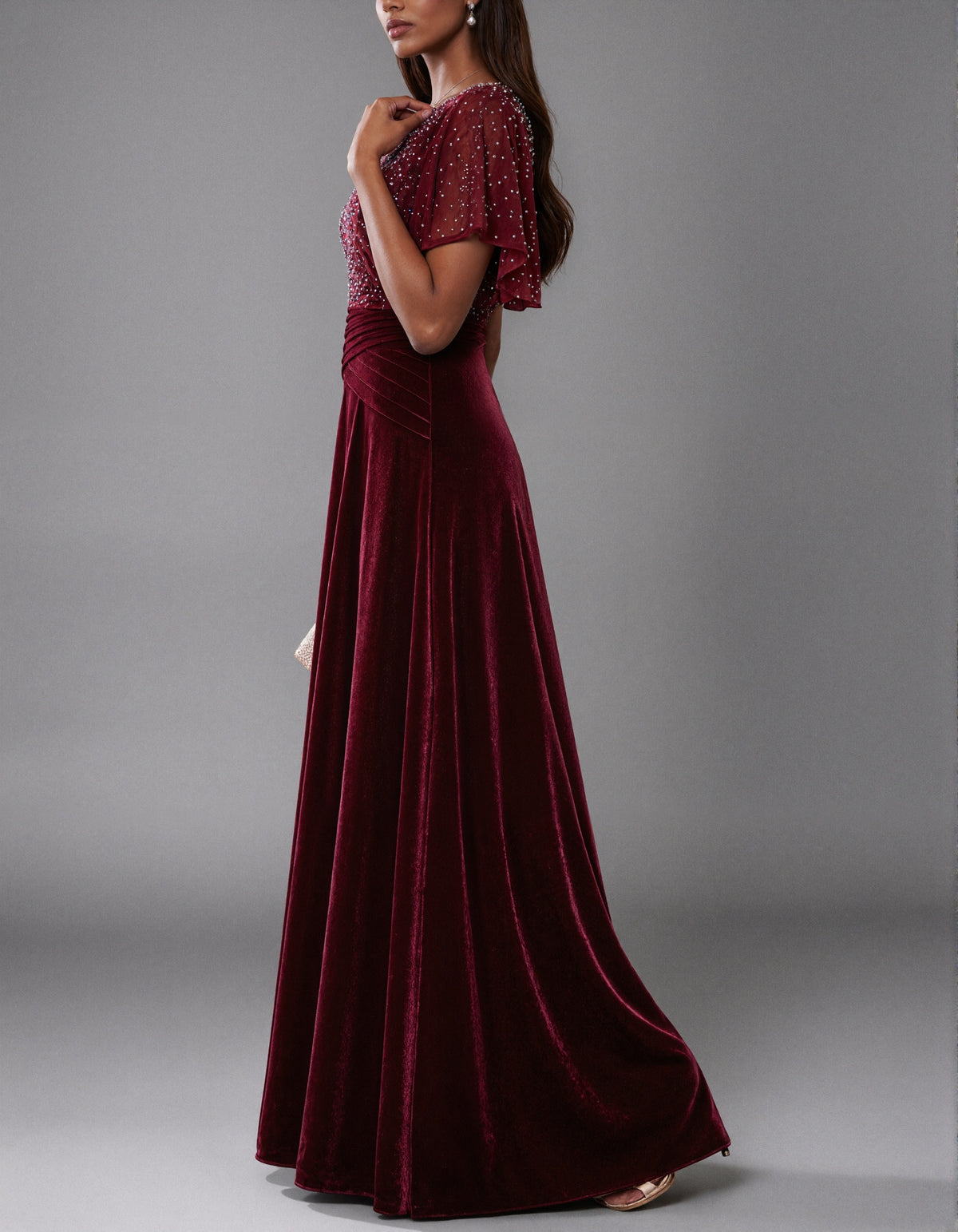 Burgundy Sequin Paneled Crew Neck Maxi Dress