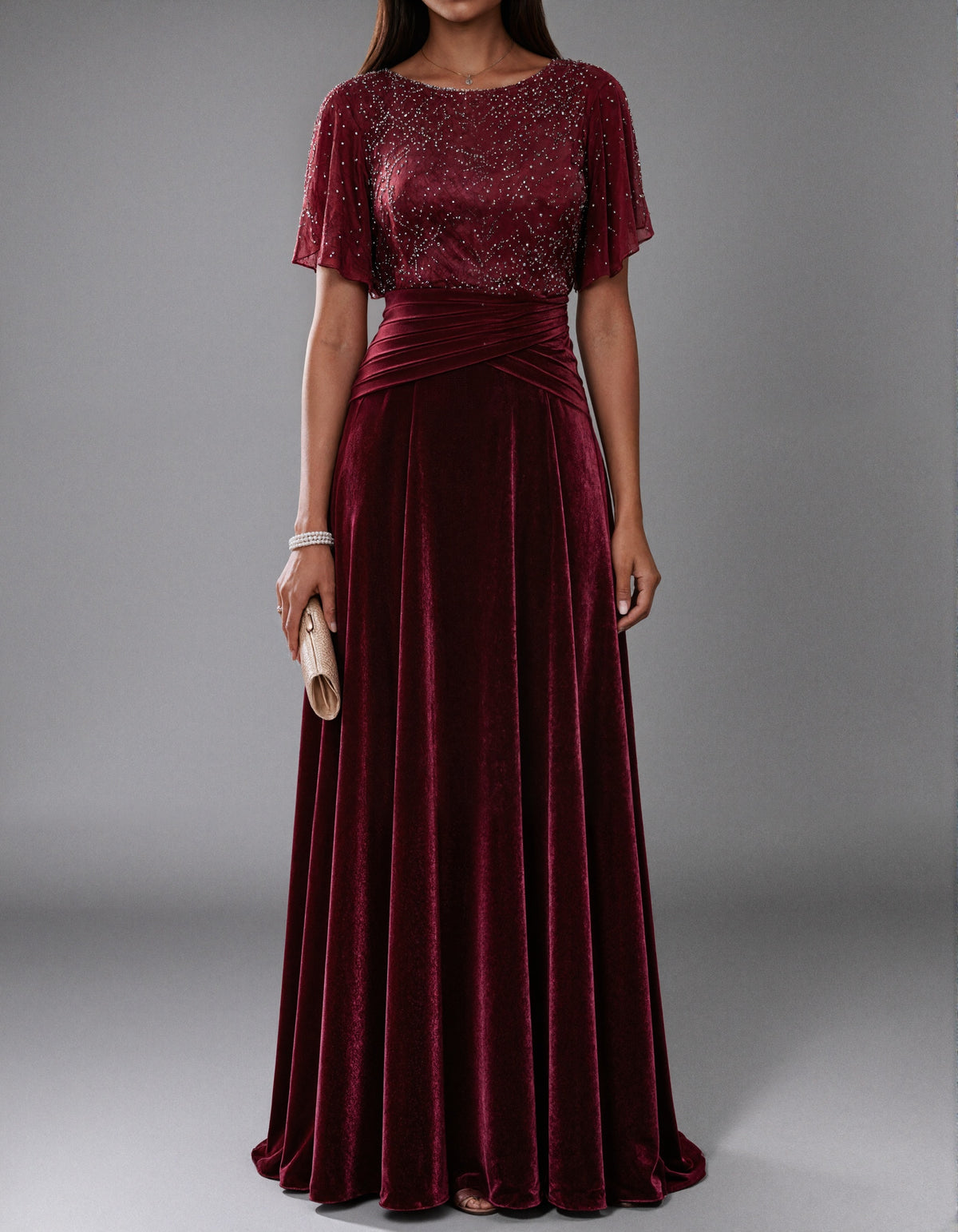 Burgundy Sequin Paneled Crew Neck Maxi Dress