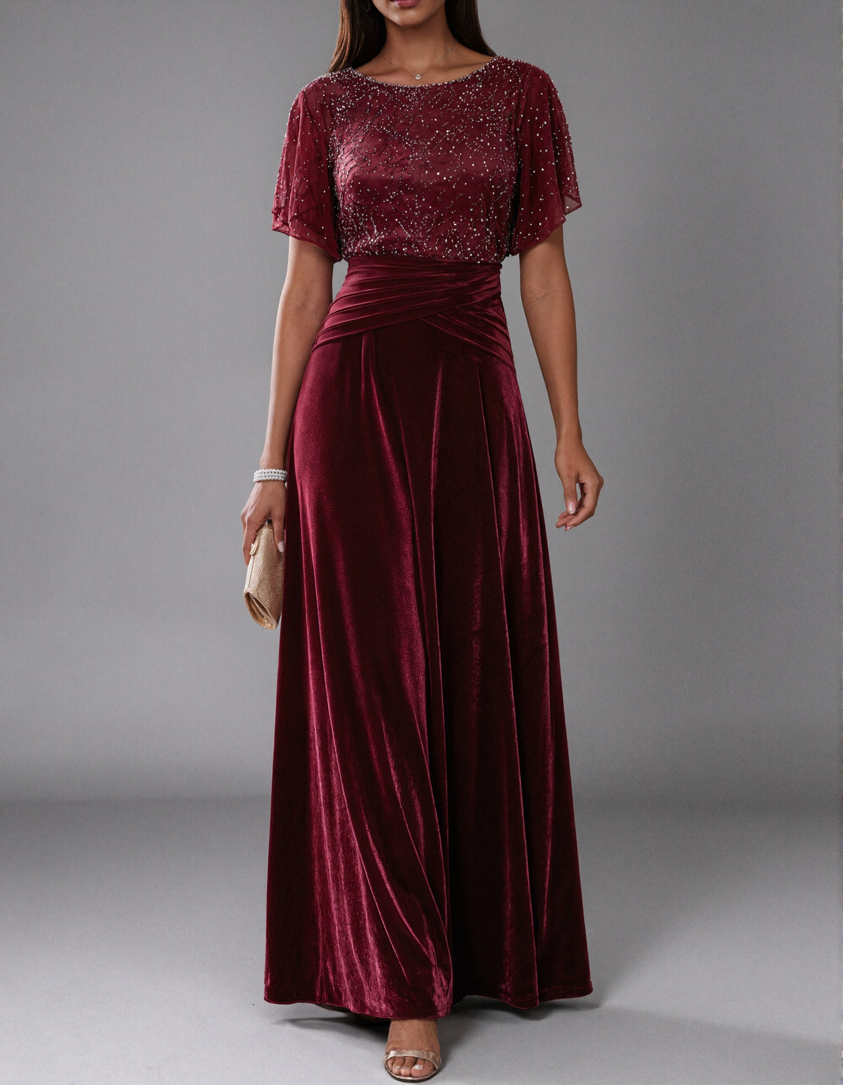 Burgundy Sequin Paneled Crew Neck Maxi Dress