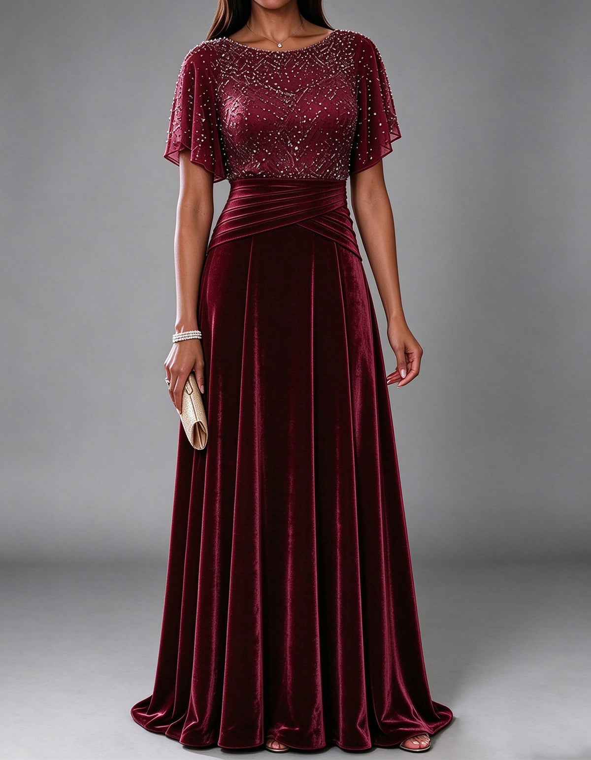 Burgundy Sequin Paneled Crew Neck Maxi Dress