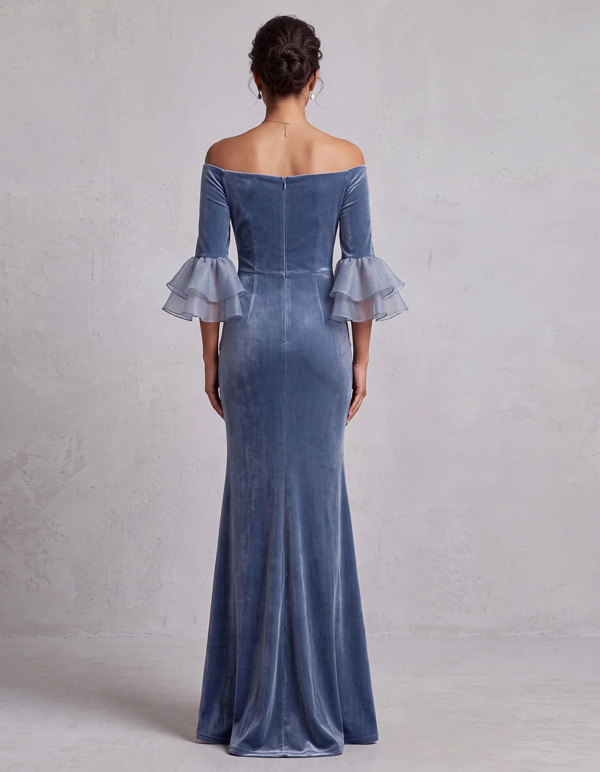 Dusty Blue Off The Shoulder Velvet Maxi Dress