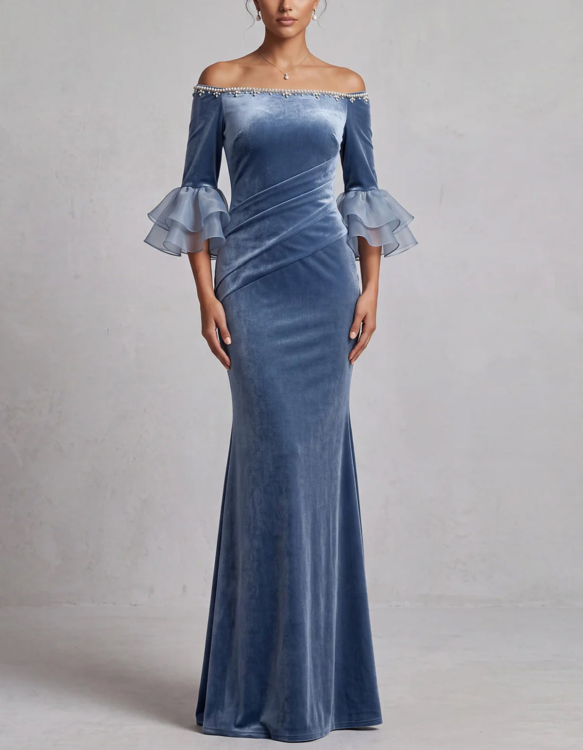 Dusty Blue Off The Shoulder Velvet Maxi Dress