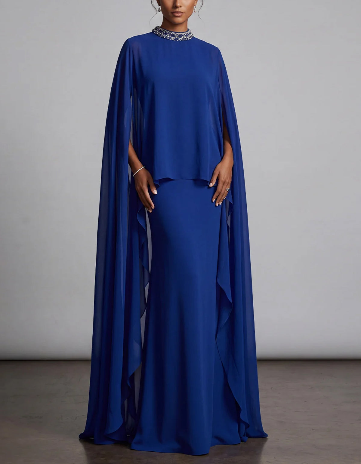 Royal Blue Chiffon Cape Style Maxi Dress