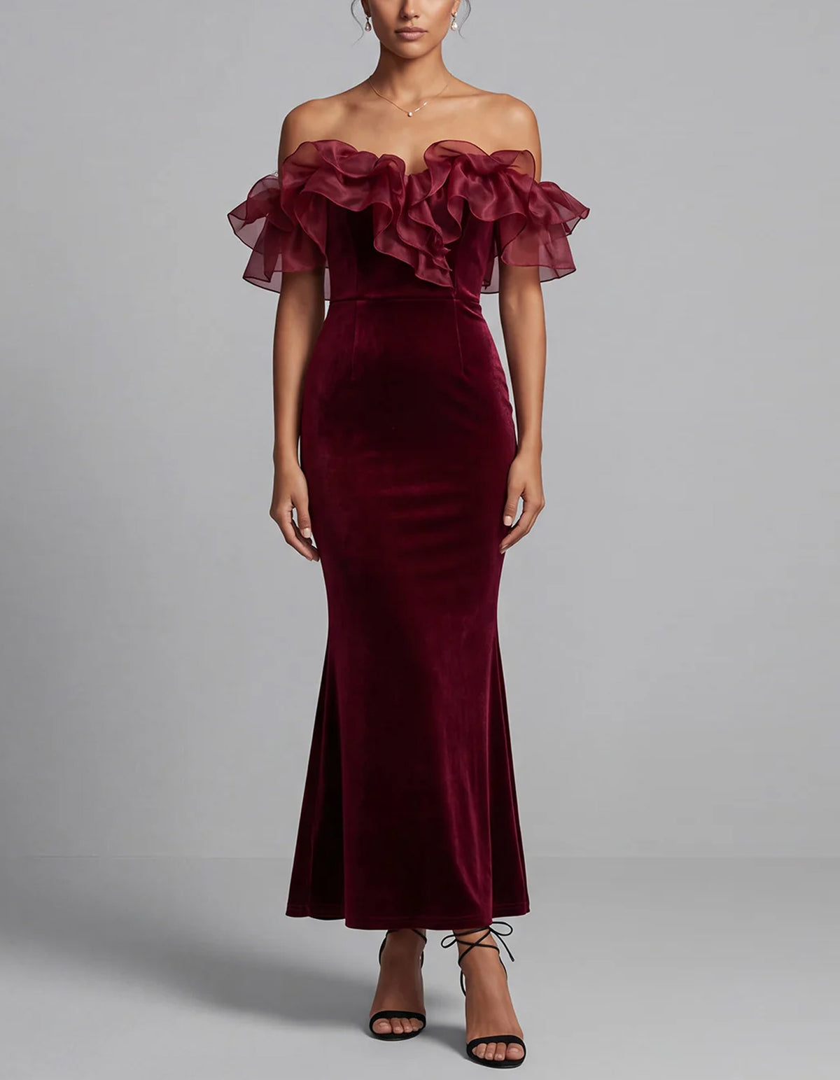 Burgundy Off The Shoulder Velvet Midi Dress