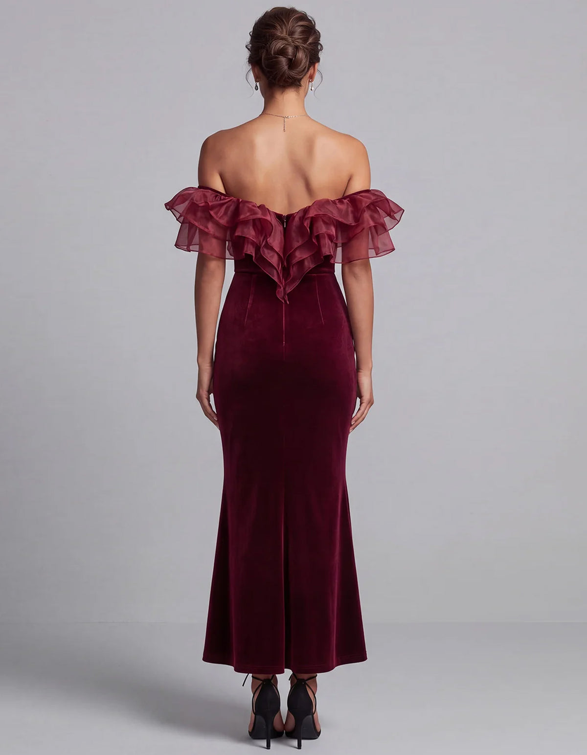 Burgundy Off The Shoulder Velvet Midi Dress