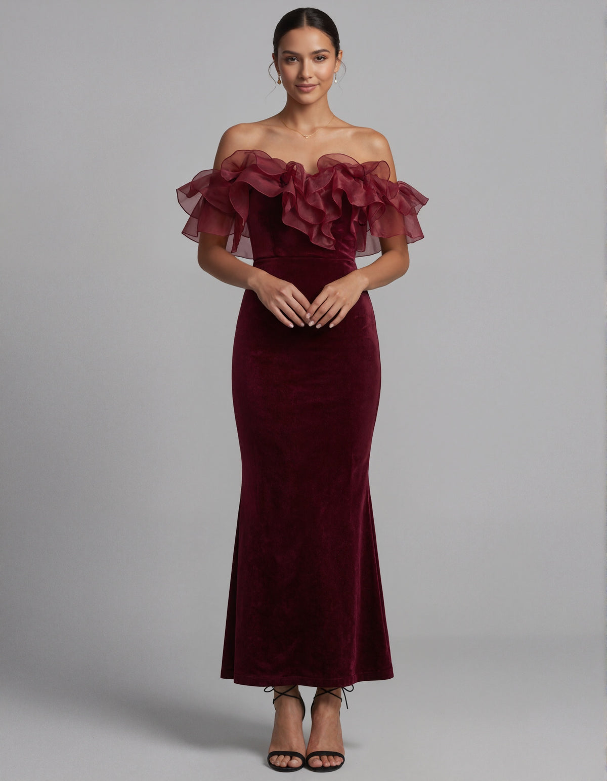 Burgundy Off The Shoulder Velvet Midi Dress