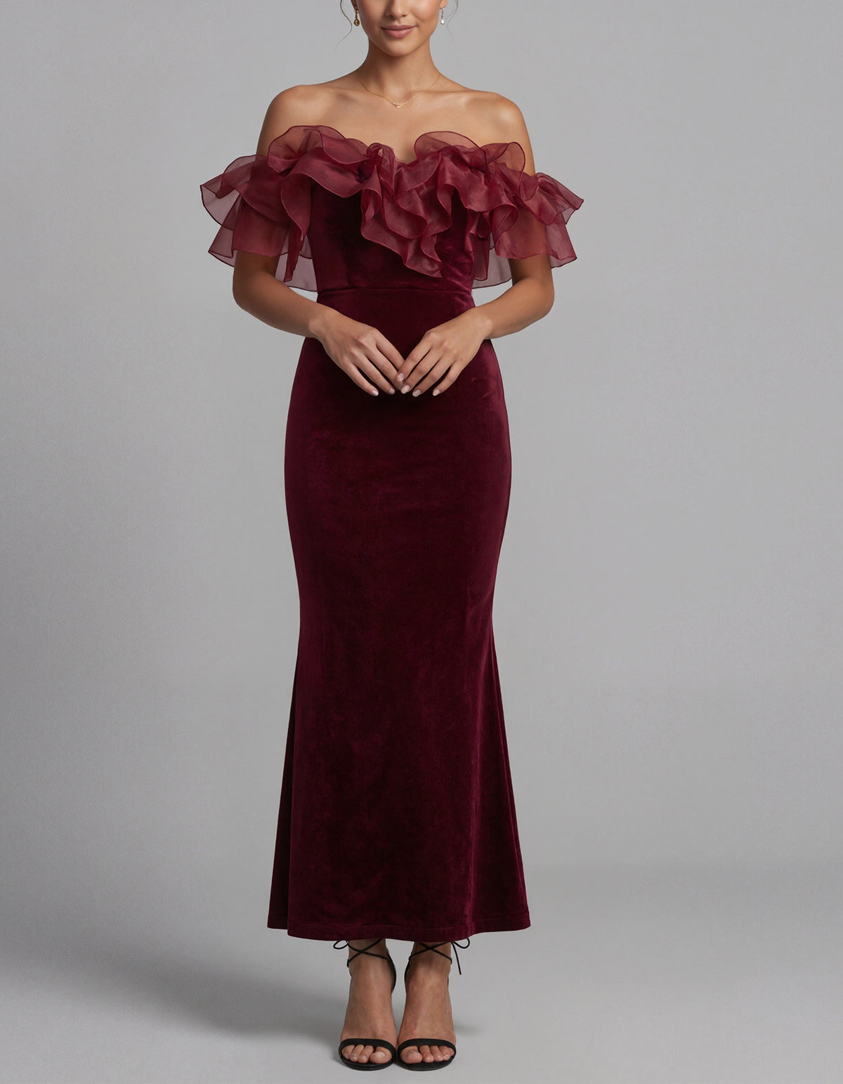 Burgundy Off The Shoulder Velvet Midi Dress