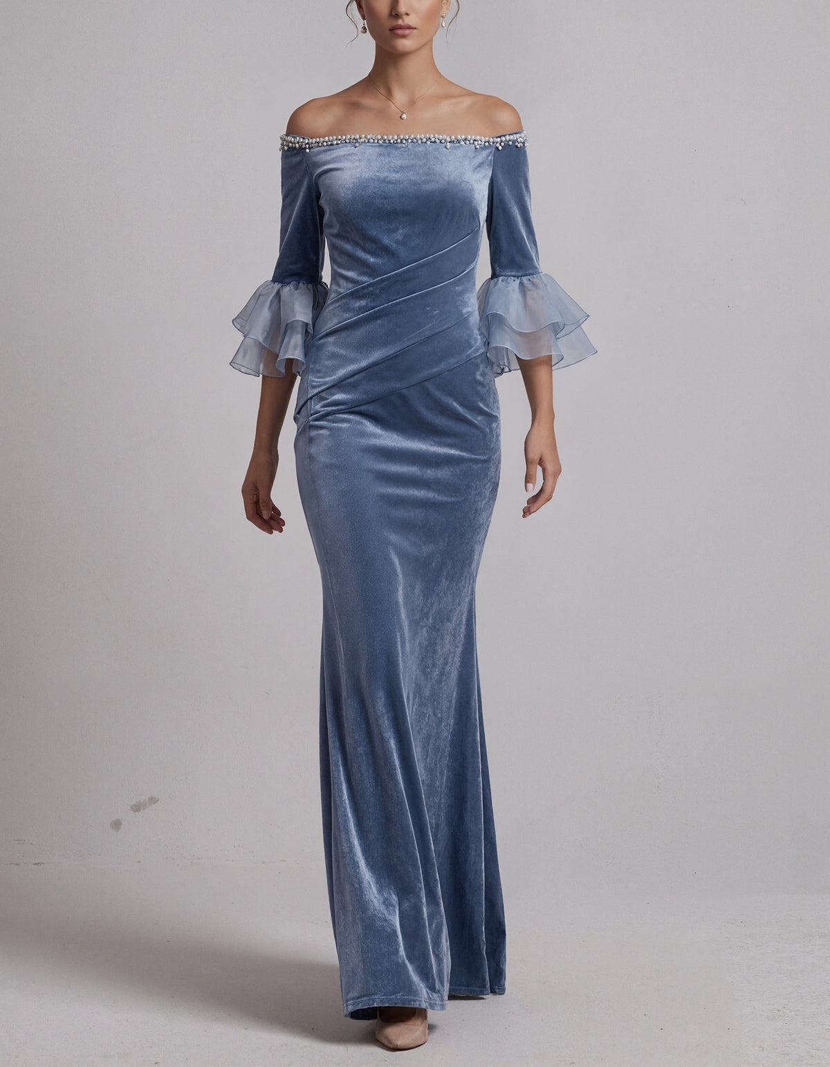 Dusty Blue Off The Shoulder Velvet Maxi Dress