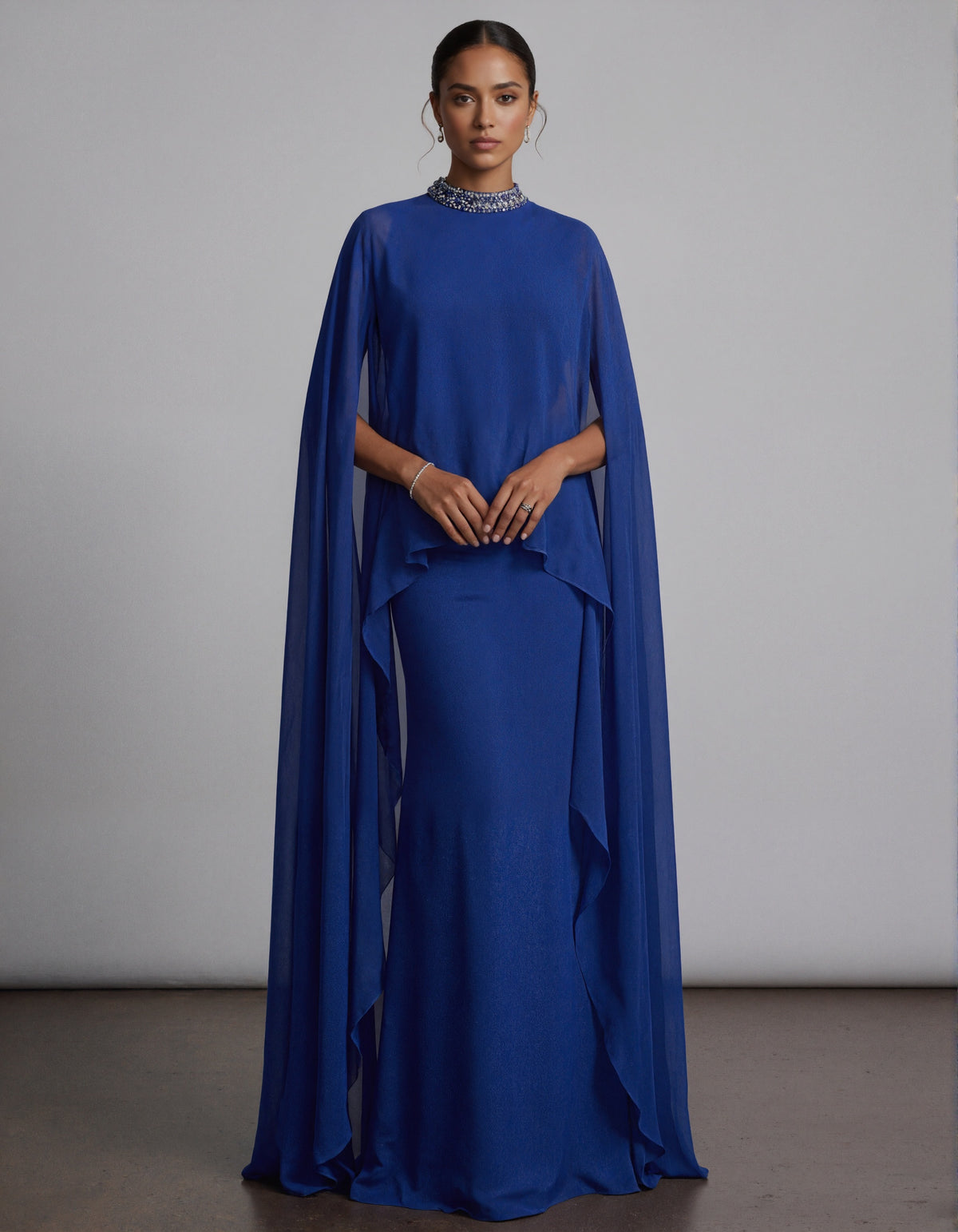 Royal Blue Chiffon Cape Style Maxi Dress
