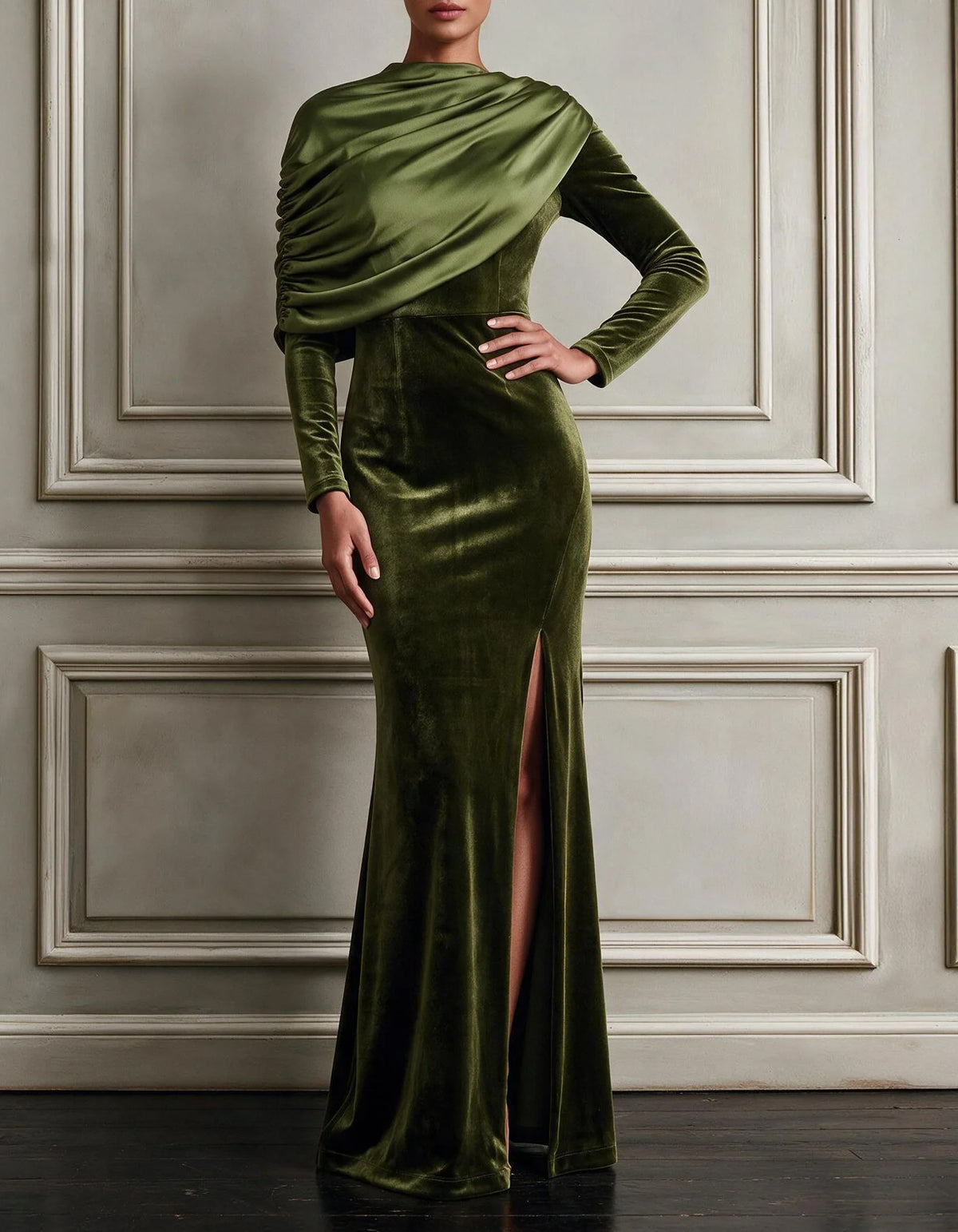 Olive Green Satin Panelled Cape Style Design Maxi Dress
